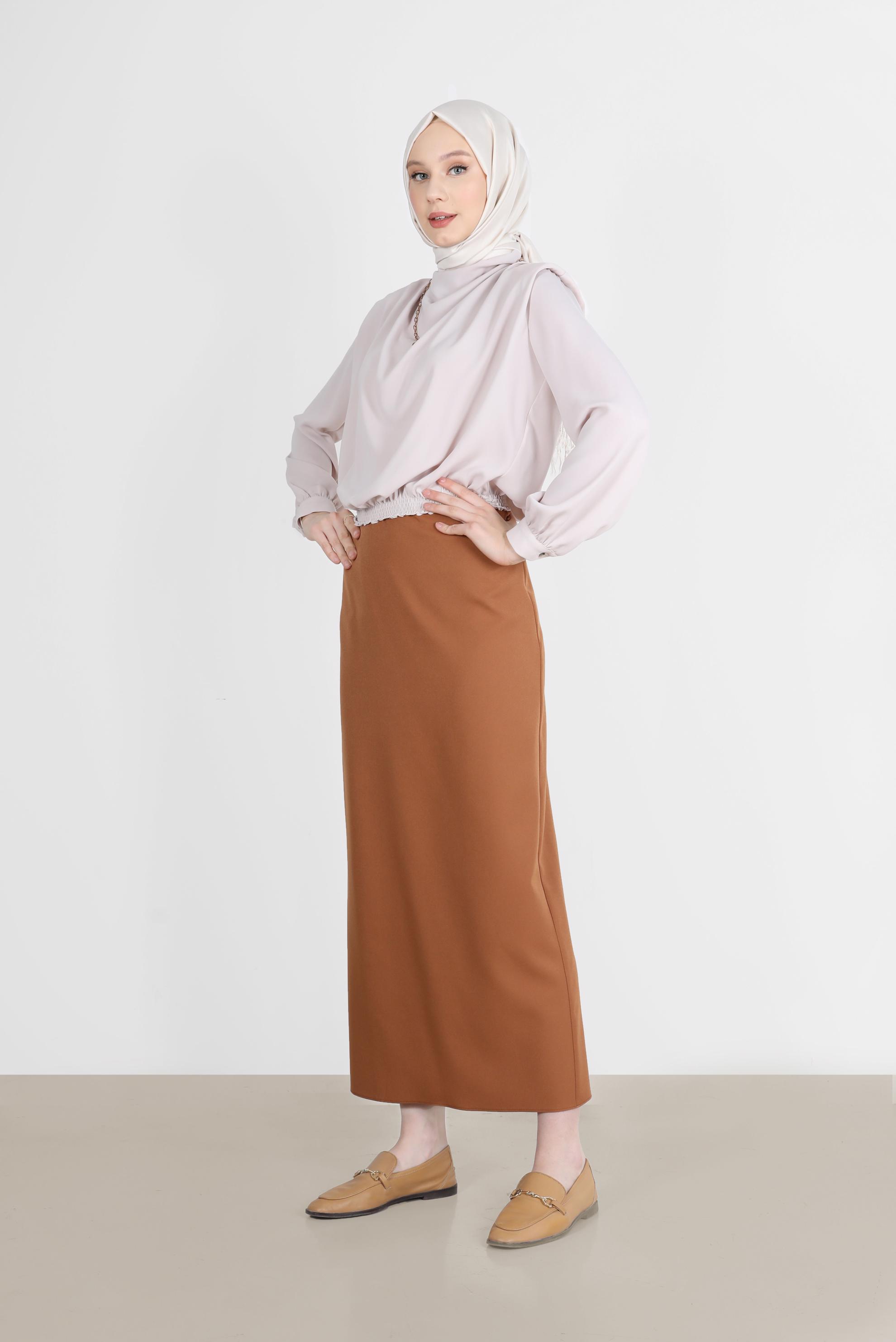 Tesettür giyim KAHVE GİZLİ YIRTMAÇLI FERMUARLI ETEK 60257 