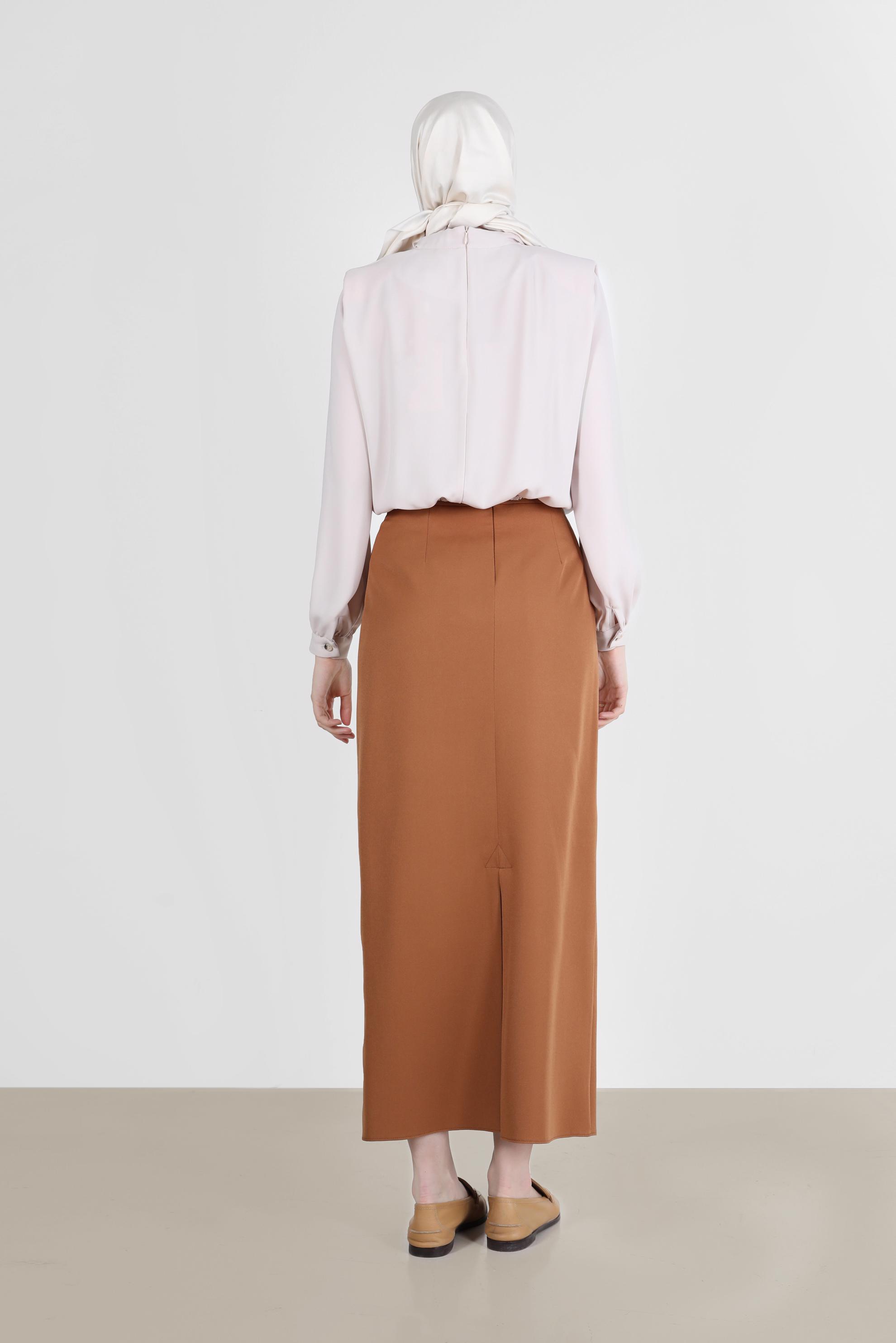 Tesettür giyim KAHVE GİZLİ YIRTMAÇLI FERMUARLI ETEK 60257 