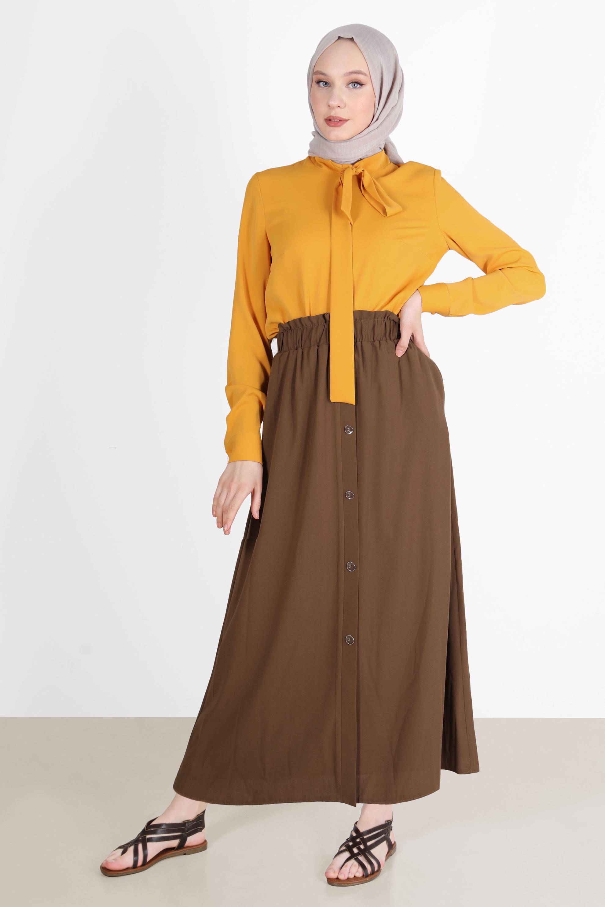 Tesettür giyim KAHVE BOYDAN DÜĞMELİ AEROBİN ETEK 60258 