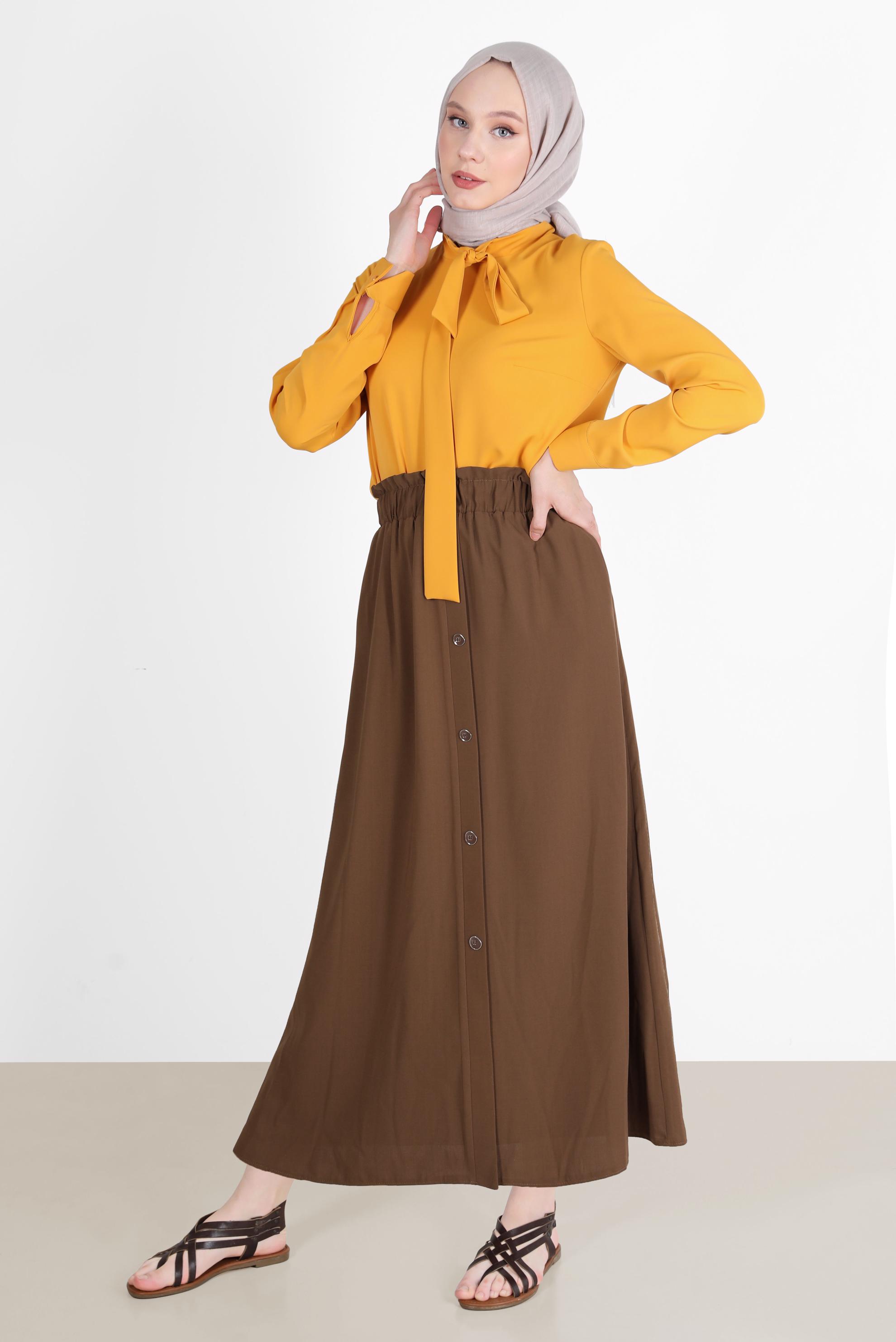 Tesettür giyim KAHVE BOYDAN DÜĞMELİ AEROBİN ETEK 60258 