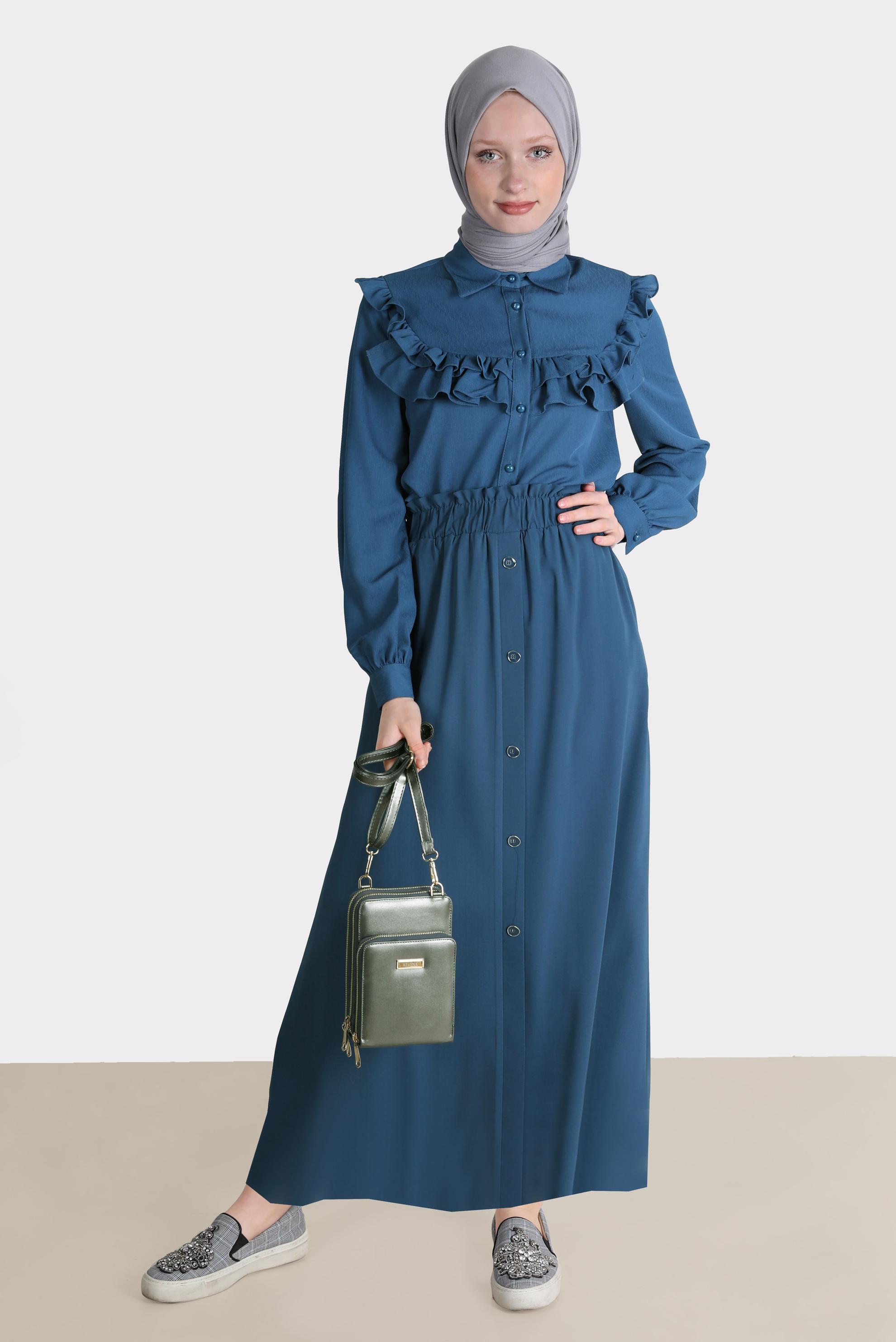 Tesettür giyim LACİVERT BOYDAN DÜĞMELİ AEROBİN ETEK 60258 