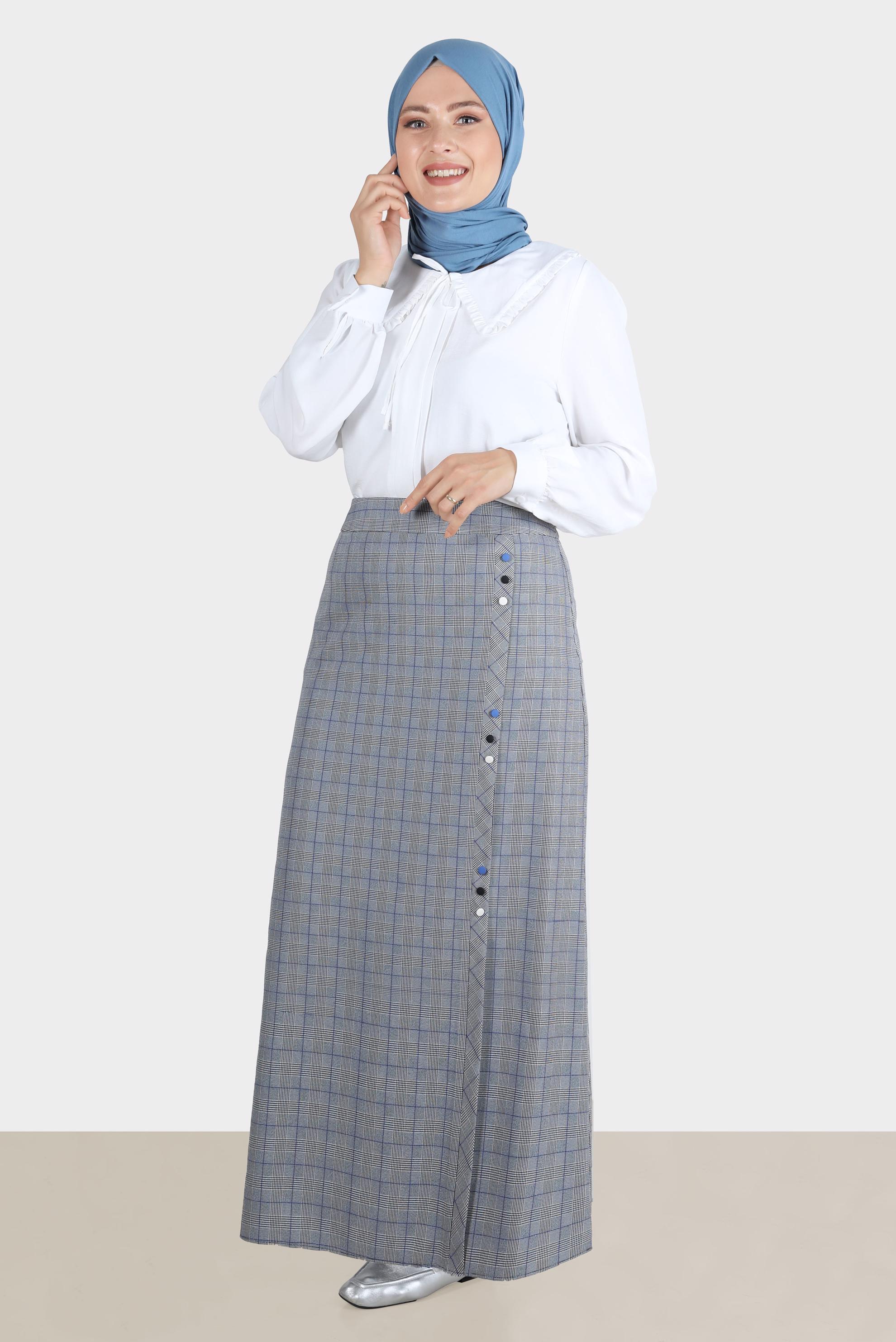 Hijab clothing BLACK BUTTON DETAIL CHECKED SKIRT 60259 