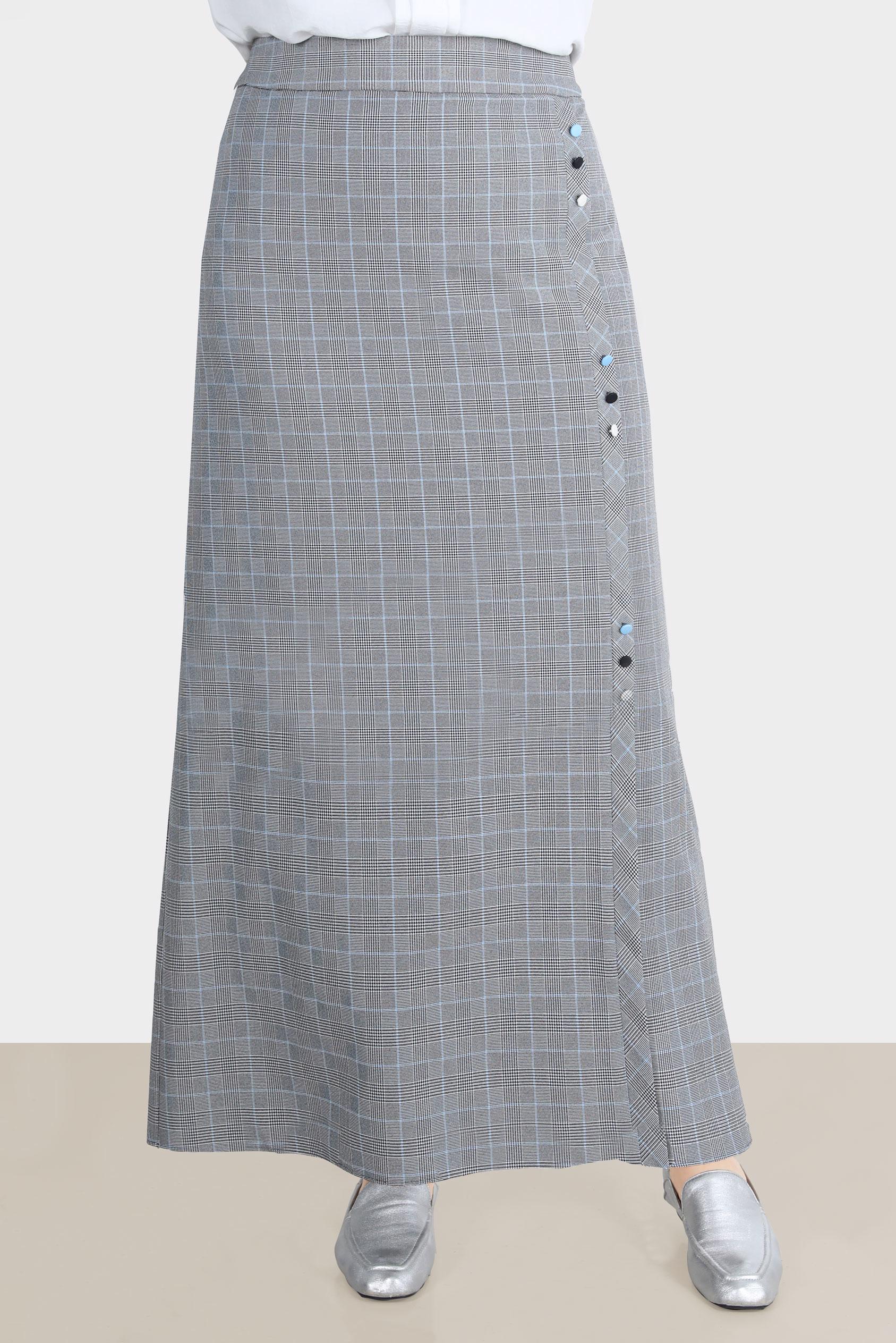 Tesettür giyim SİYAH DÜĞME DETAYLI EKOSE ETEK 60259 