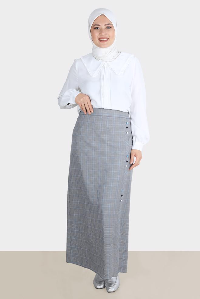 Vêtements hijab NOIR JUPE À CARREAUX DÉTAIL BOUTONS 60259 - ALVİNA