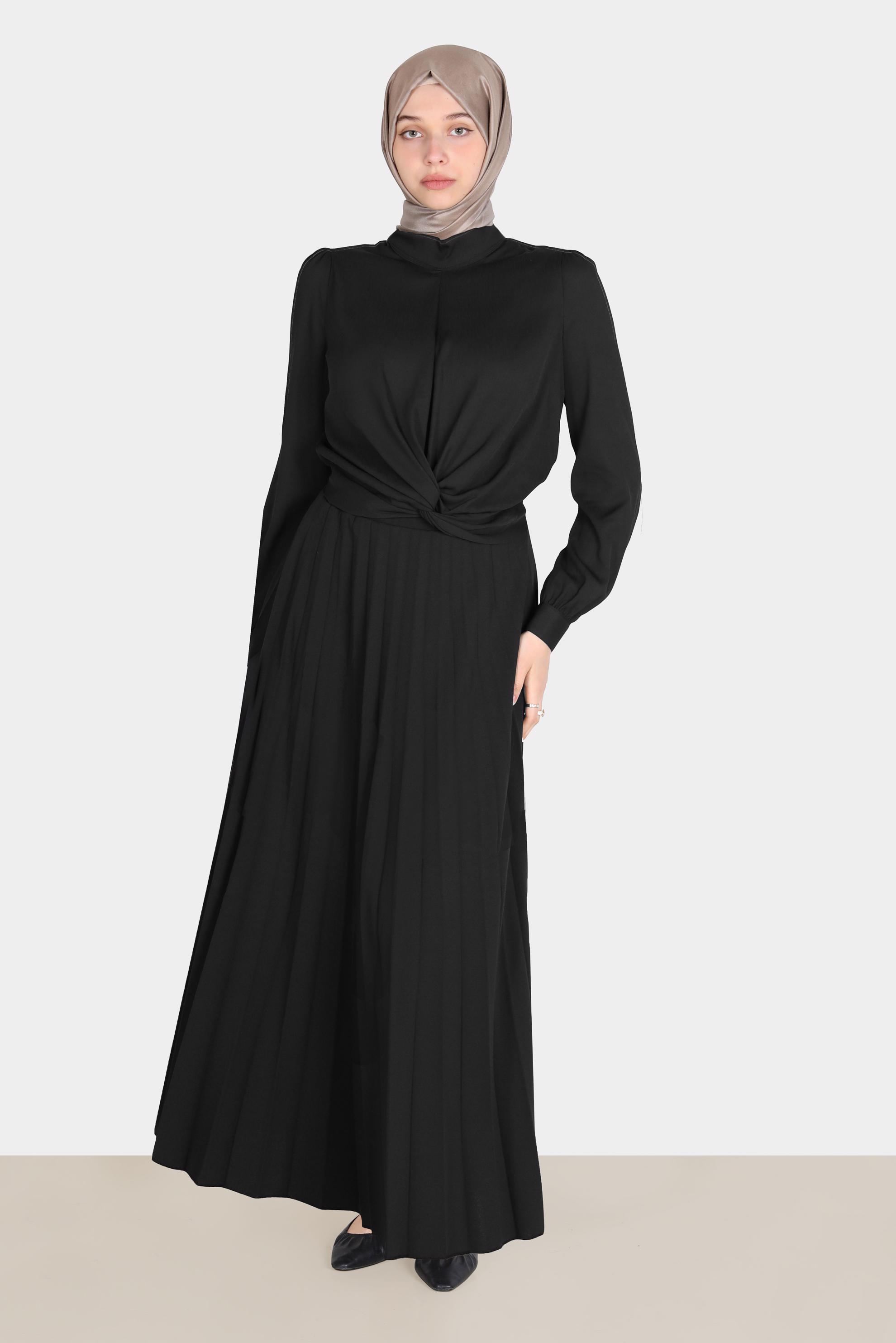 Tesettür giyim SİYAH BELİ LASTİKLİ PİLİSELİ ETEK 60261 