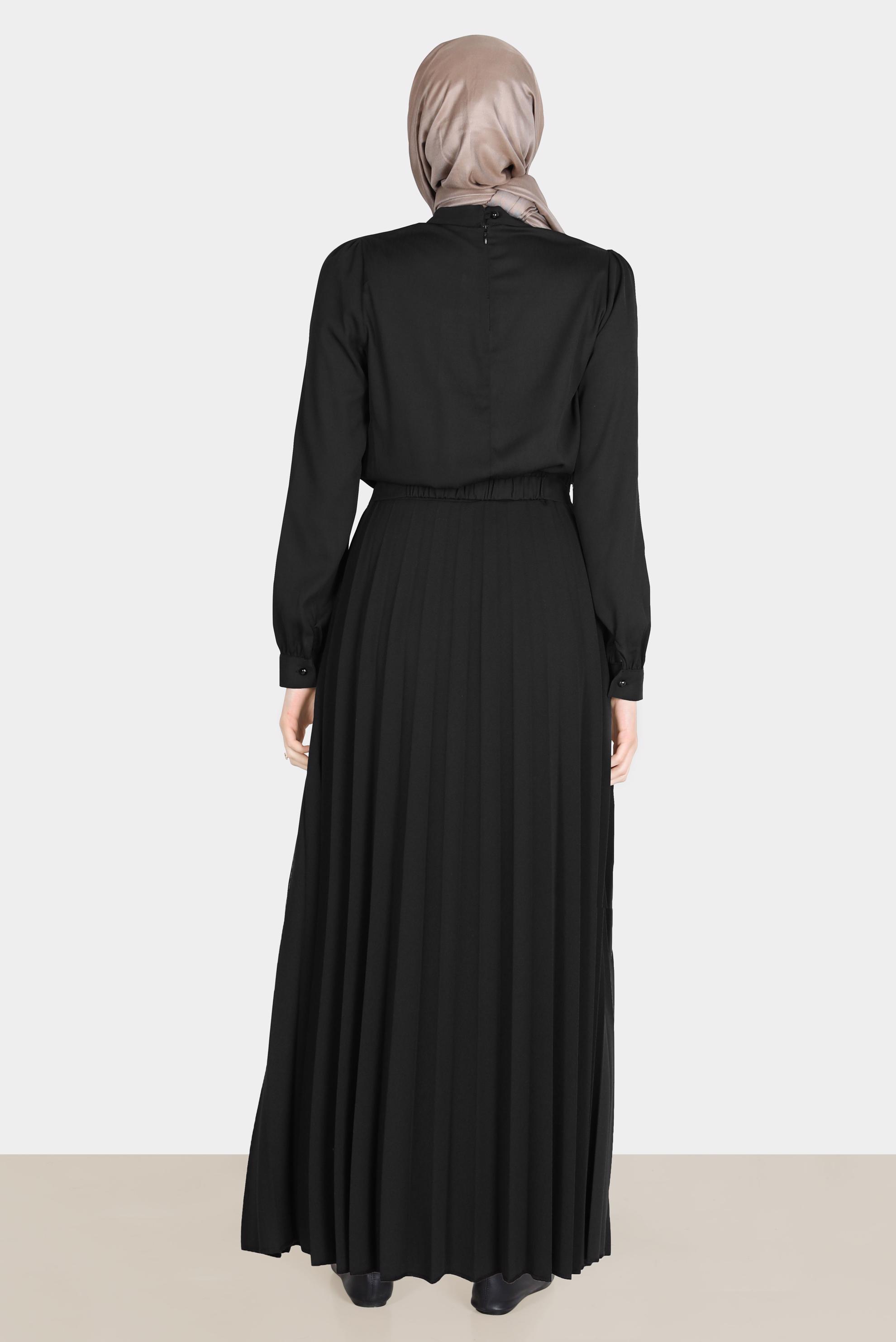 Tesettür giyim SİYAH BELİ LASTİKLİ PİLİSELİ ETEK 60261 