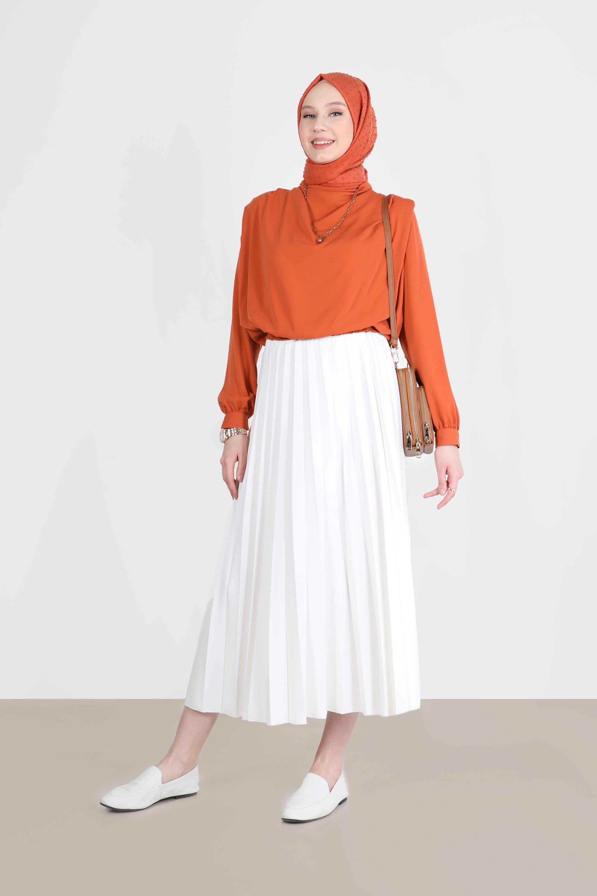 Tesettür giyim BEYAZ BELİ LASTİKLİ PİLİSELİ ETEK 60261 