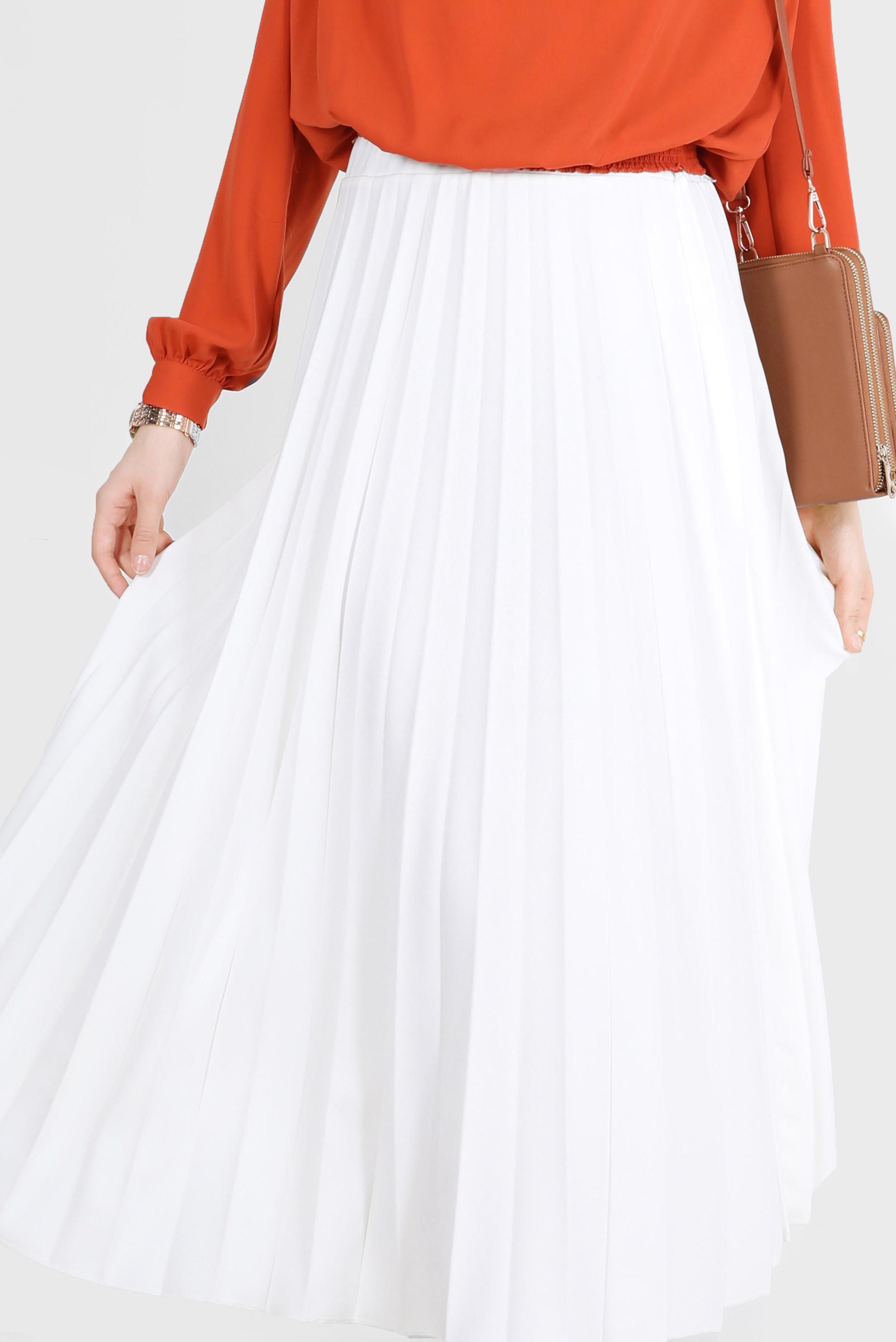 Tesettür giyim BEYAZ BELİ LASTİKLİ PİLİSELİ ETEK 60261 