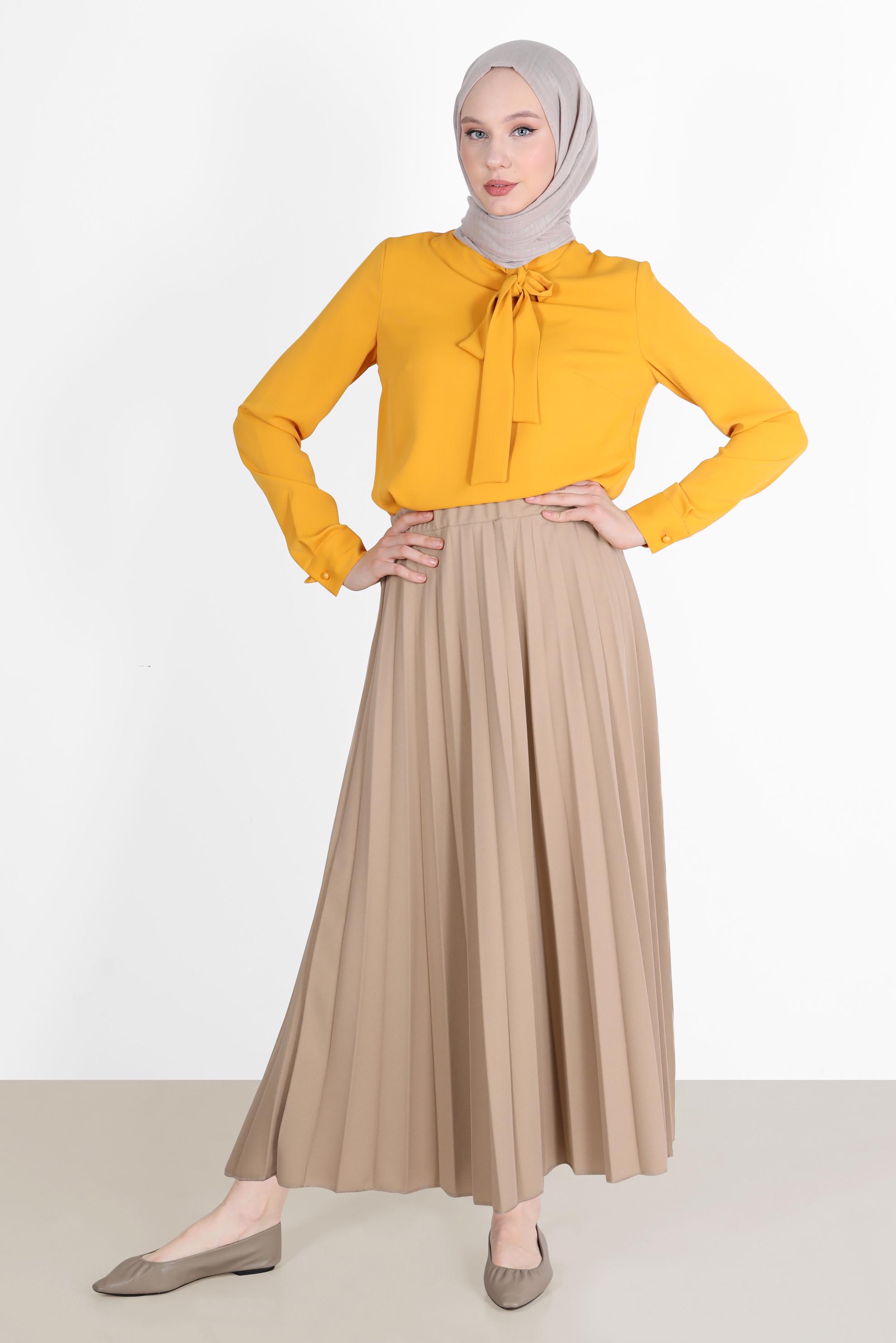 Tesettür giyim BEJ BELİ LASTİKLİ PİLİSELİ ETEK 60261 