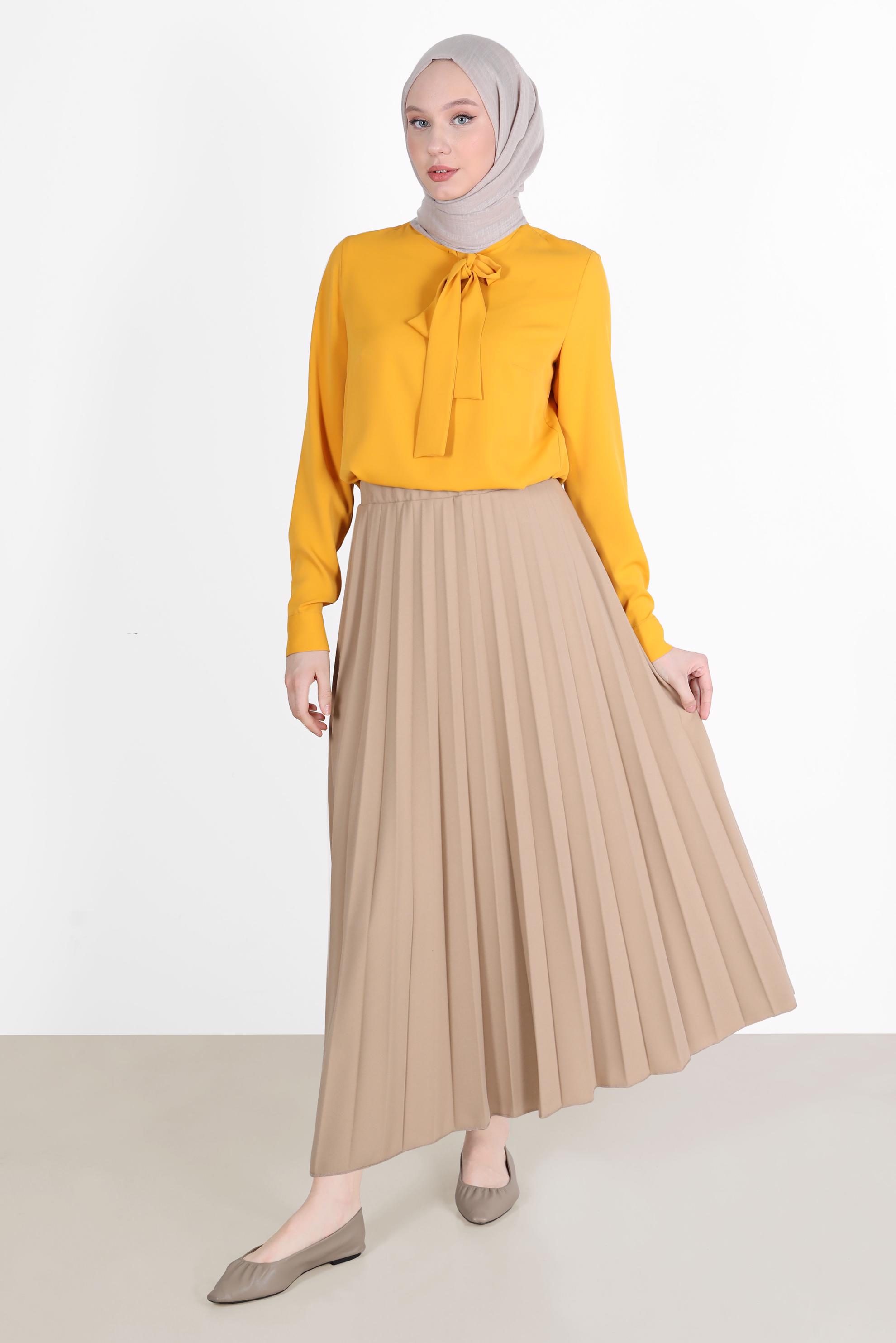 Tesettür giyim BEJ BELİ LASTİKLİ PİLİSELİ ETEK 60261 