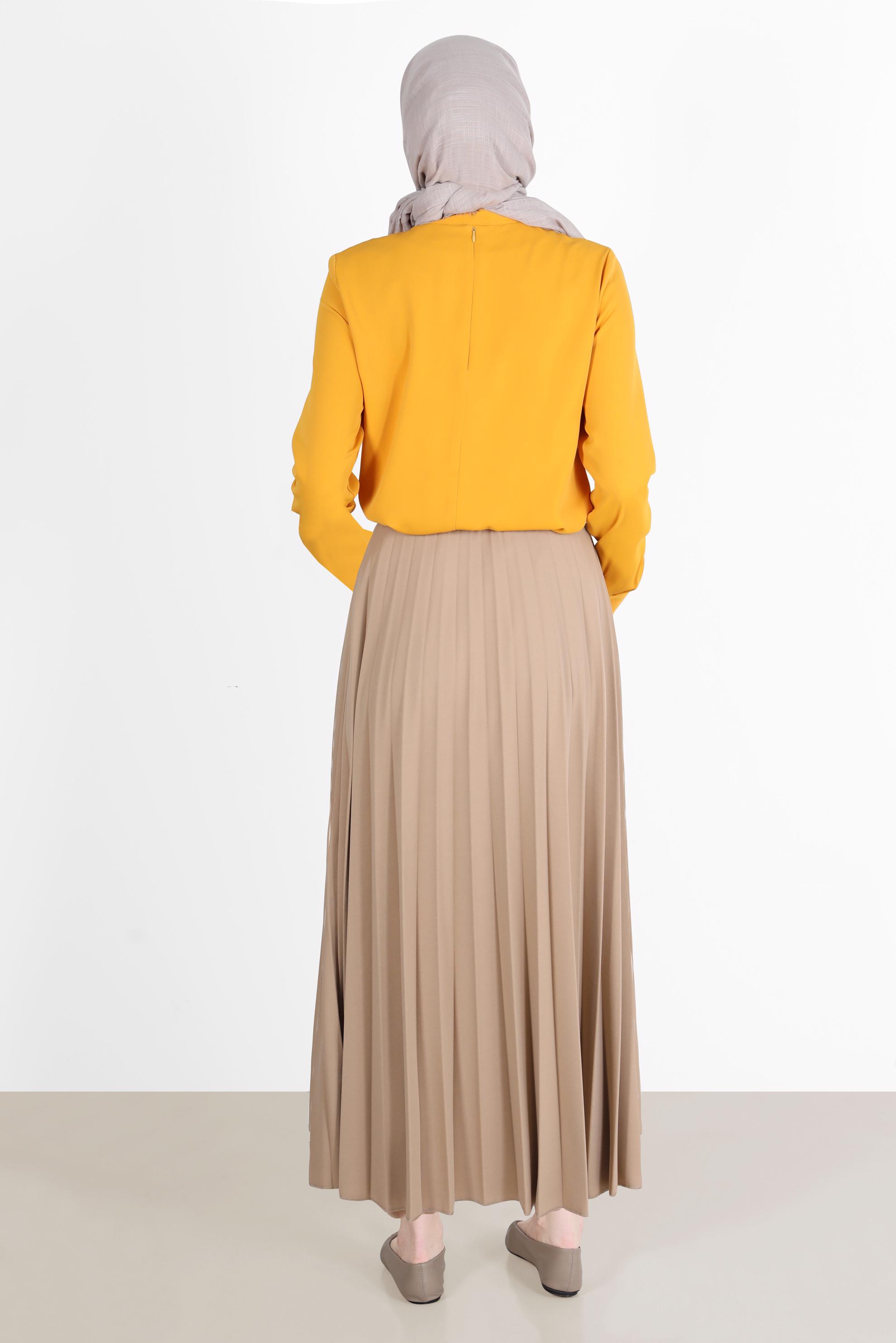 Tesettür giyim BEJ BELİ LASTİKLİ PİLİSELİ ETEK 60261 