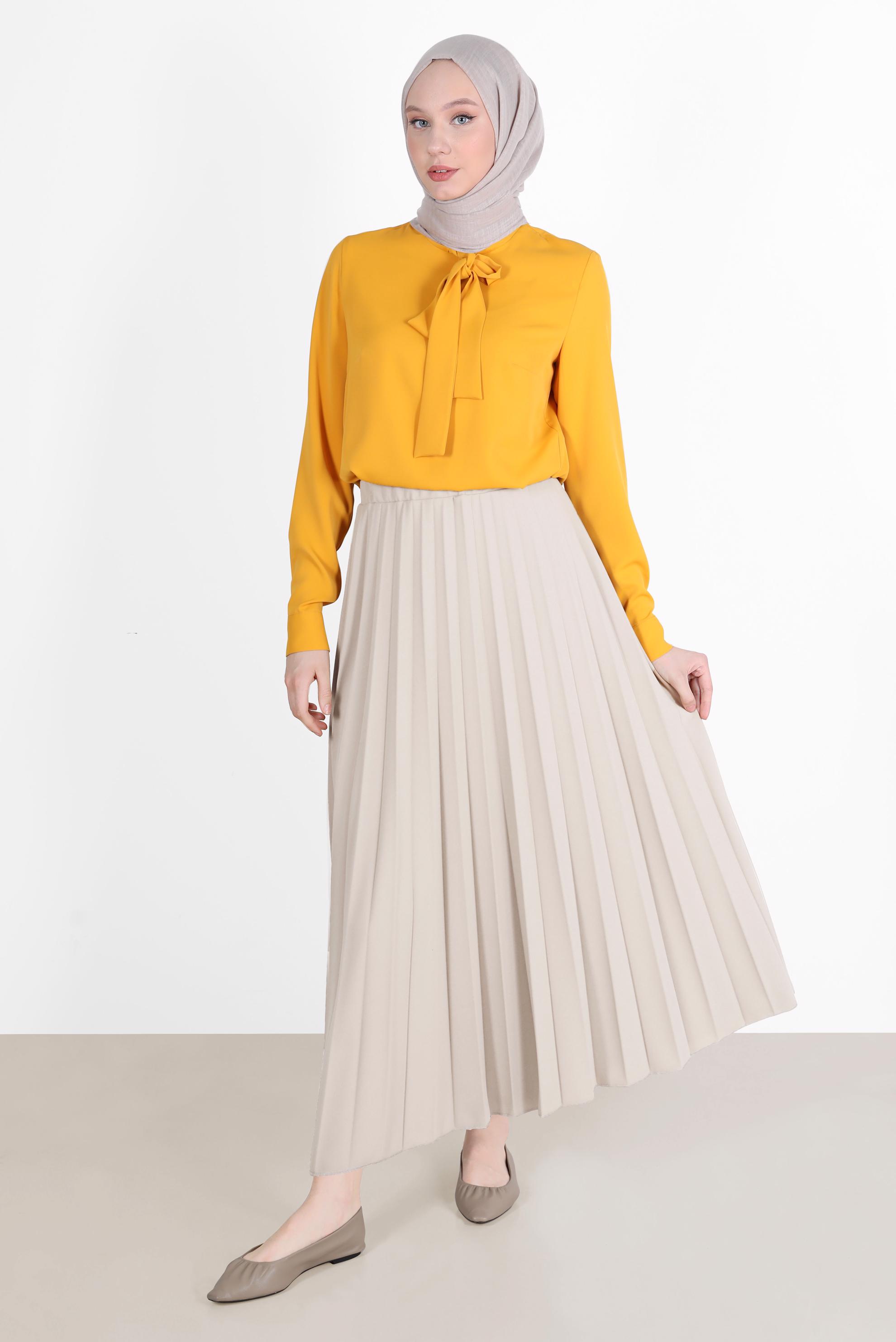 Tesettür giyim BEJ BELİ LASTİKLİ PİLİSELİ ETEK 60261 