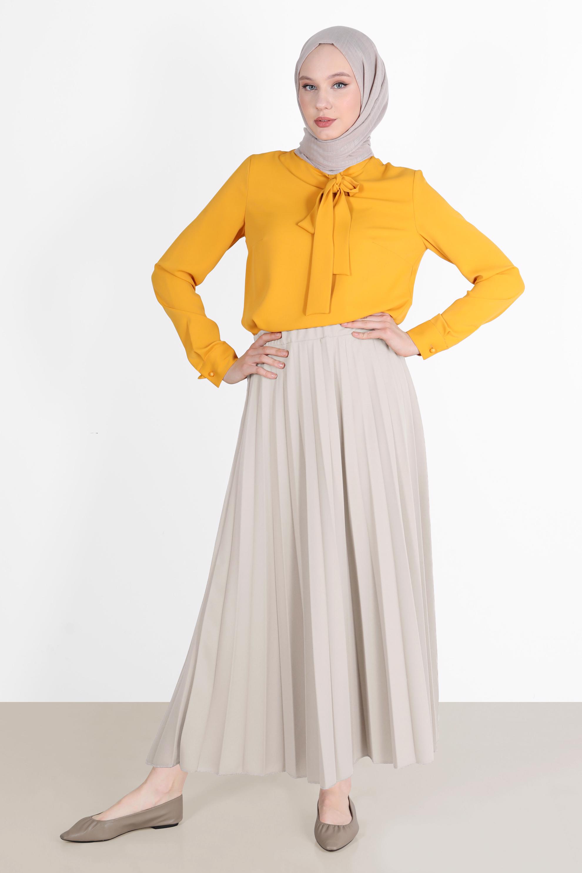 Tesettür giyim BEJ BELİ LASTİKLİ PİLİSELİ ETEK 60261 