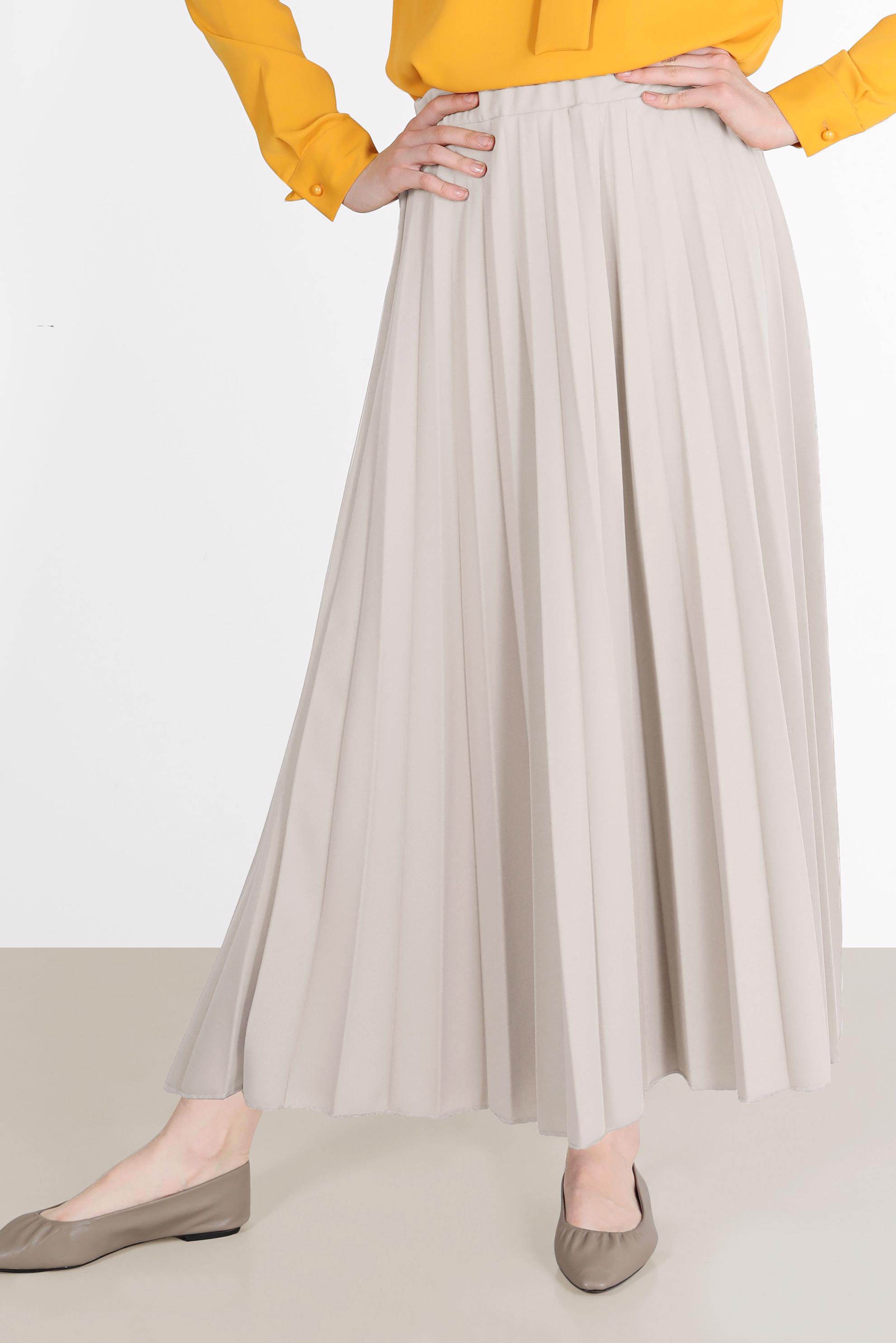 Tesettür giyim BEJ BELİ LASTİKLİ PİLİSELİ ETEK 60261 