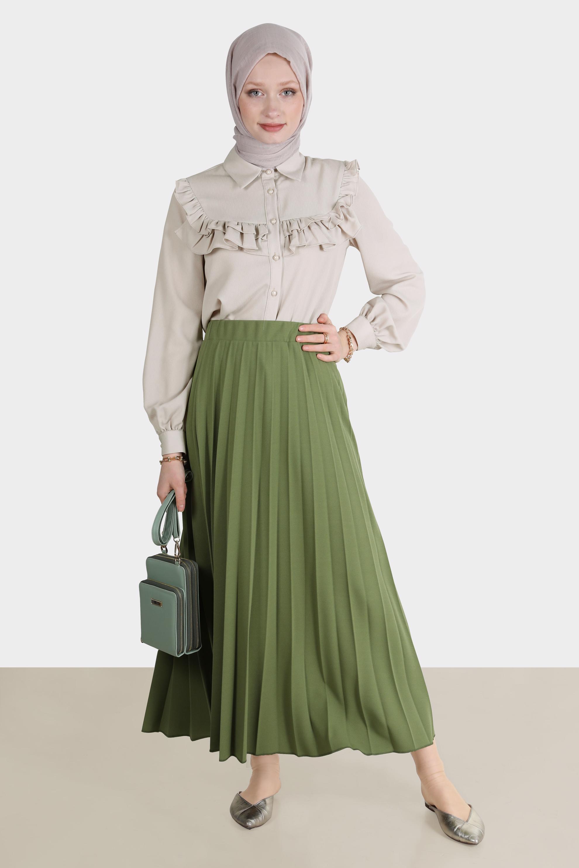 Tesettür giyim YEŞİL BELİ LASTİKLİ PİLİSELİ ETEK 60261 