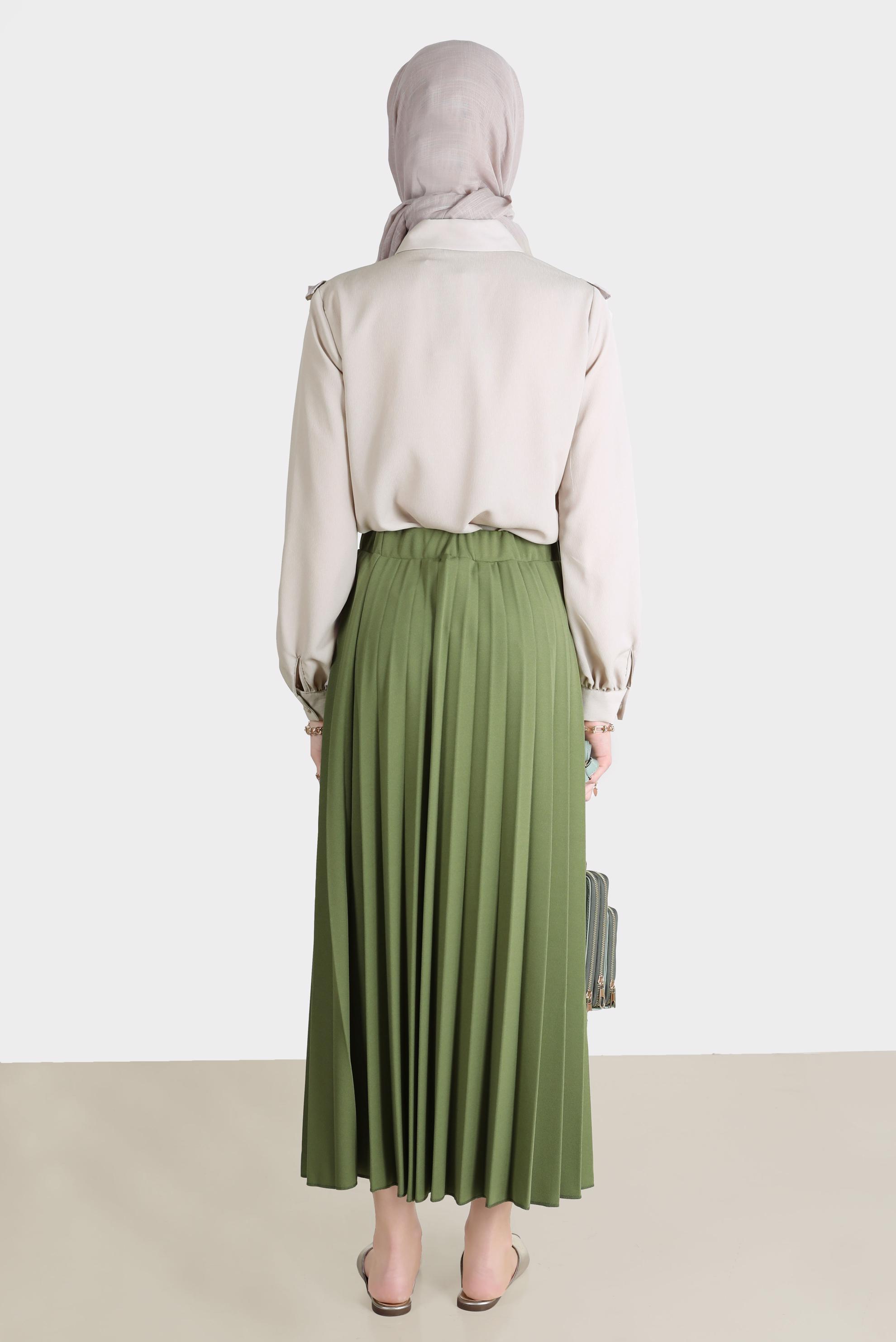 Tesettür giyim YEŞİL BELİ LASTİKLİ PİLİSELİ ETEK 60261 