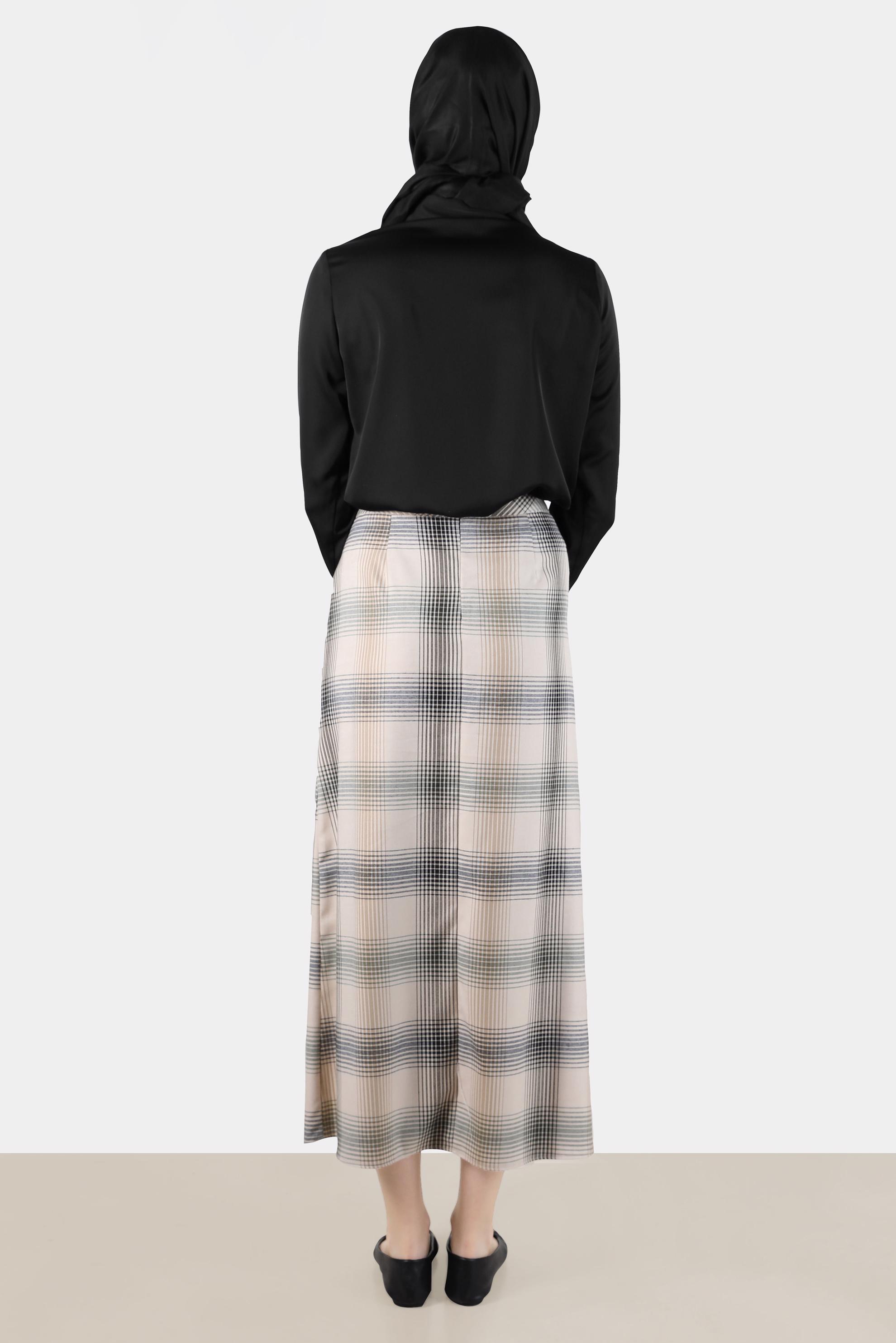 Tesettür giyim BEJ EKOSE DESEN DÜĞME DETAYLI ETEK 60266 