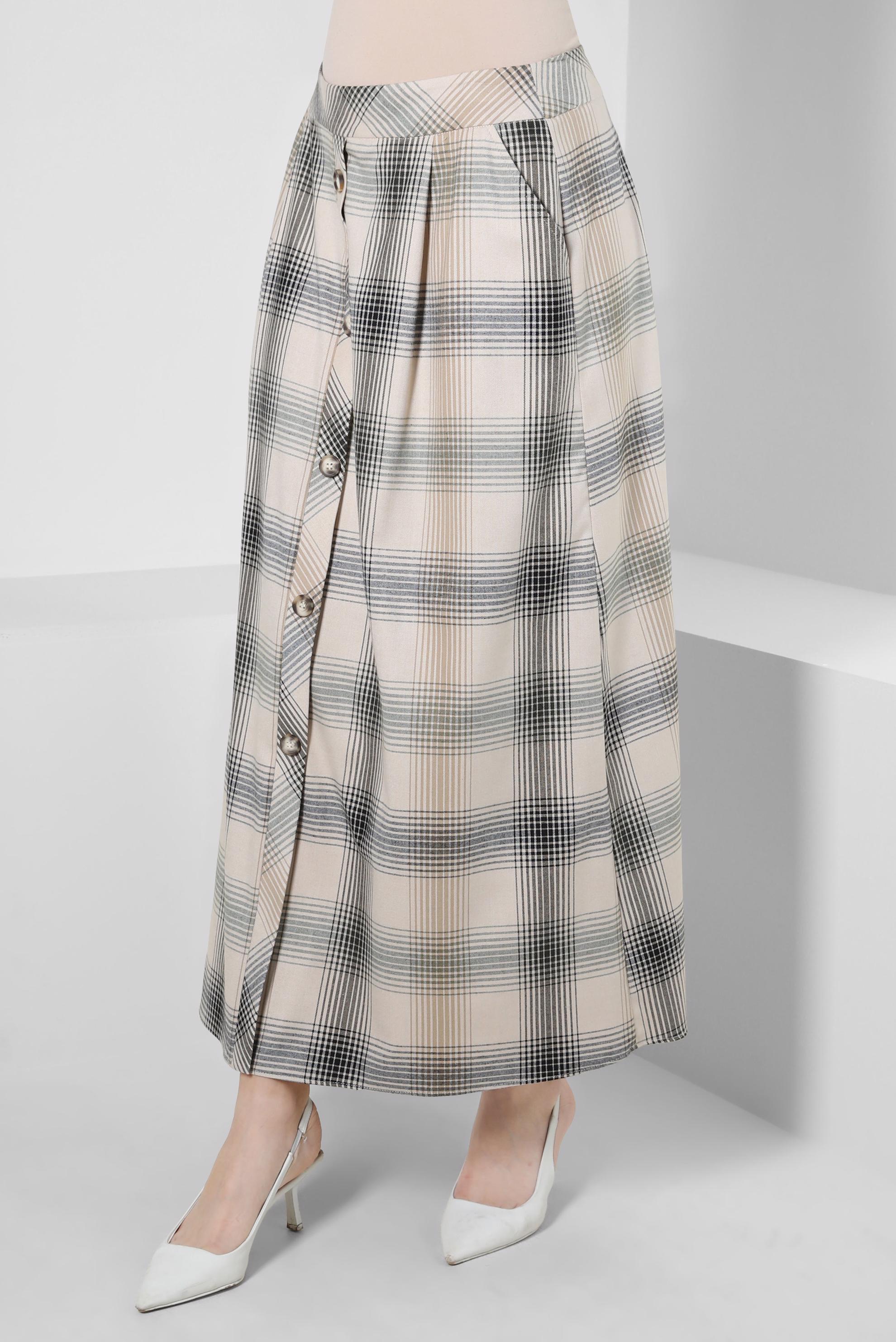 Tesettür giyim KAHVE EKOSE DESEN DÜĞME DETAYLI ETEK 60266 