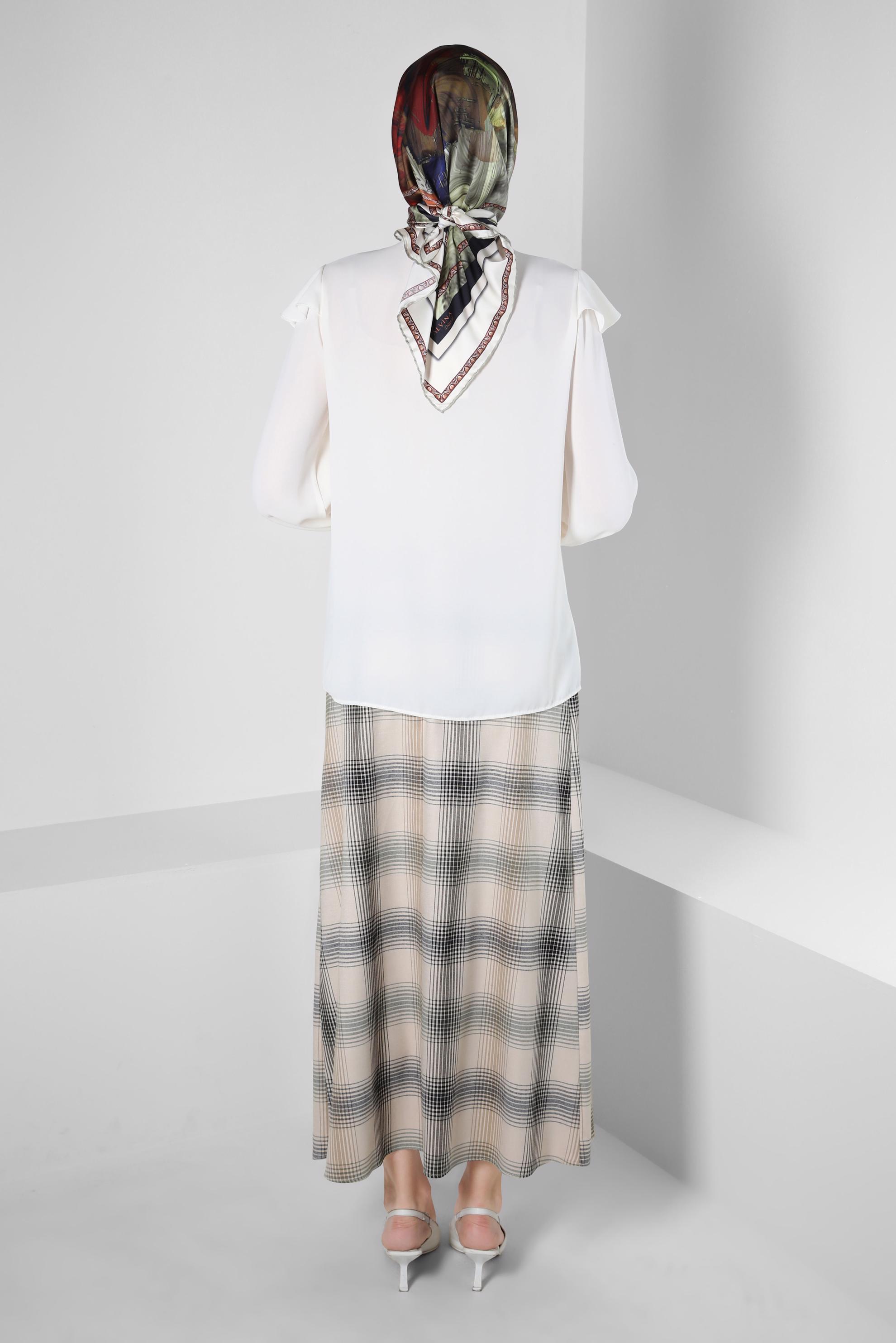 Tesettür giyim KAHVE EKOSE DESEN DÜĞME DETAYLI ETEK 60266 