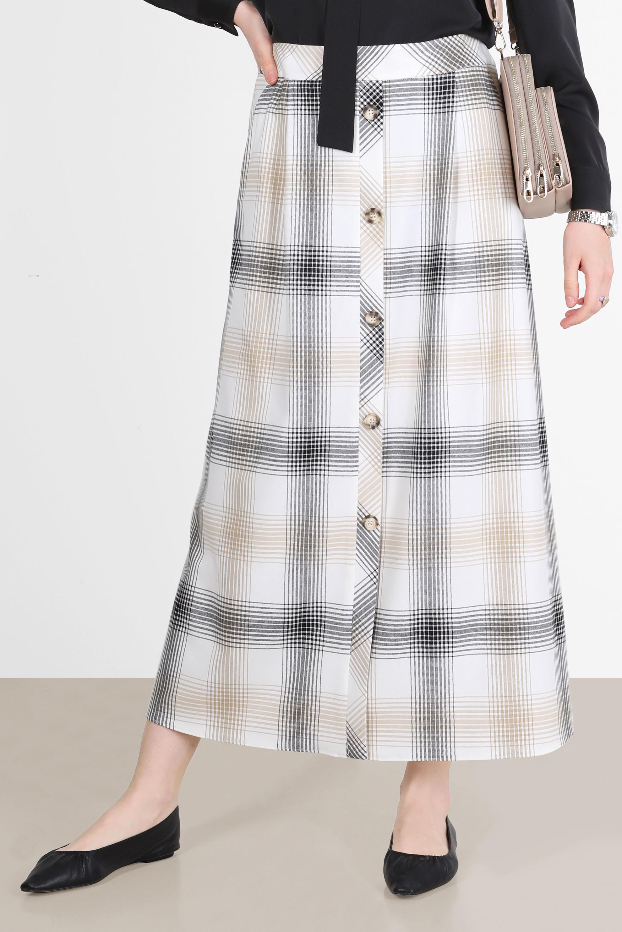 Tesettür giyim EKRU EKOSE DESEN DÜĞME DETAYLI ETEK 60266 