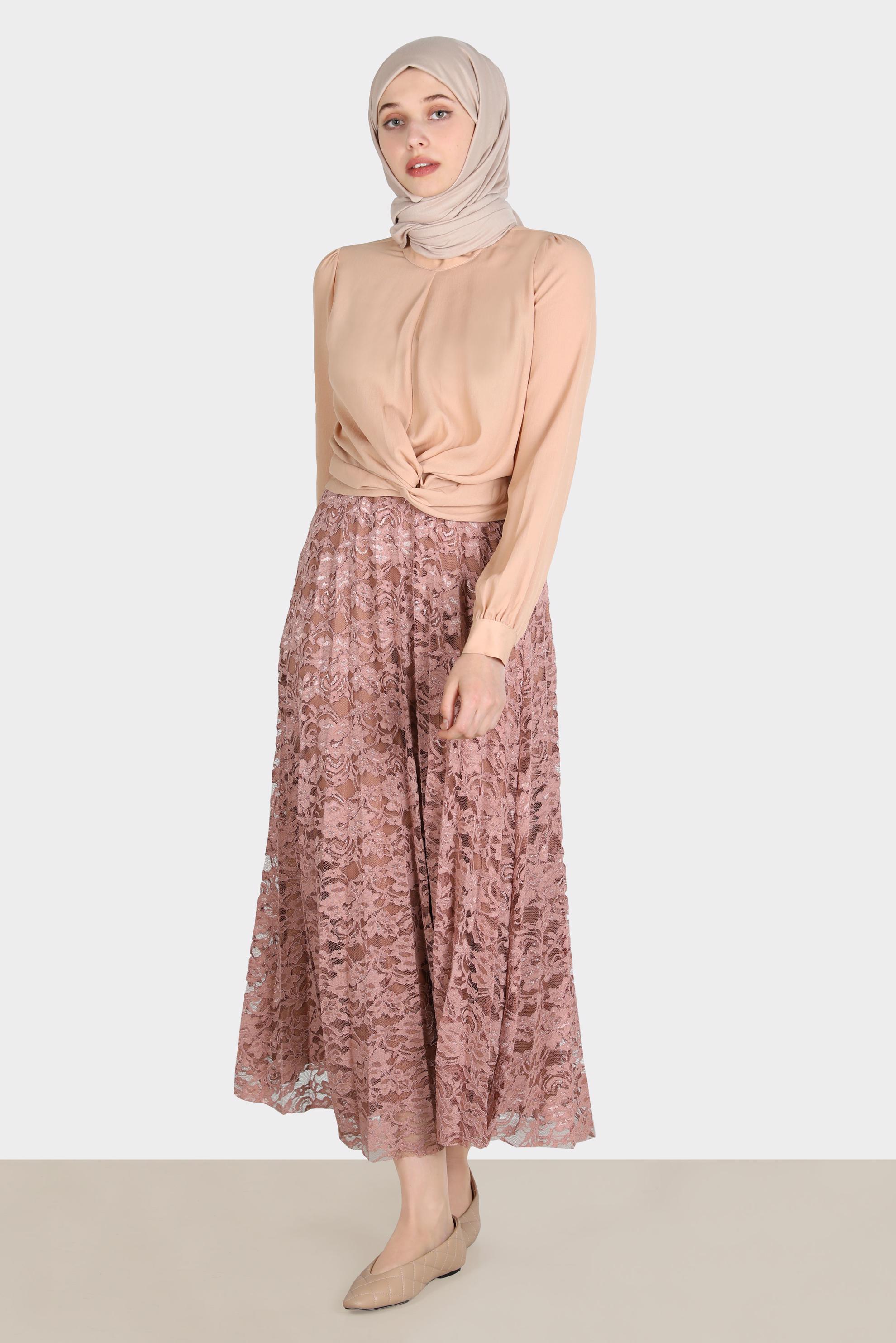 Tesettür giyim KAHVE DANTELLİ PİLİSELİ ETEK 60267 