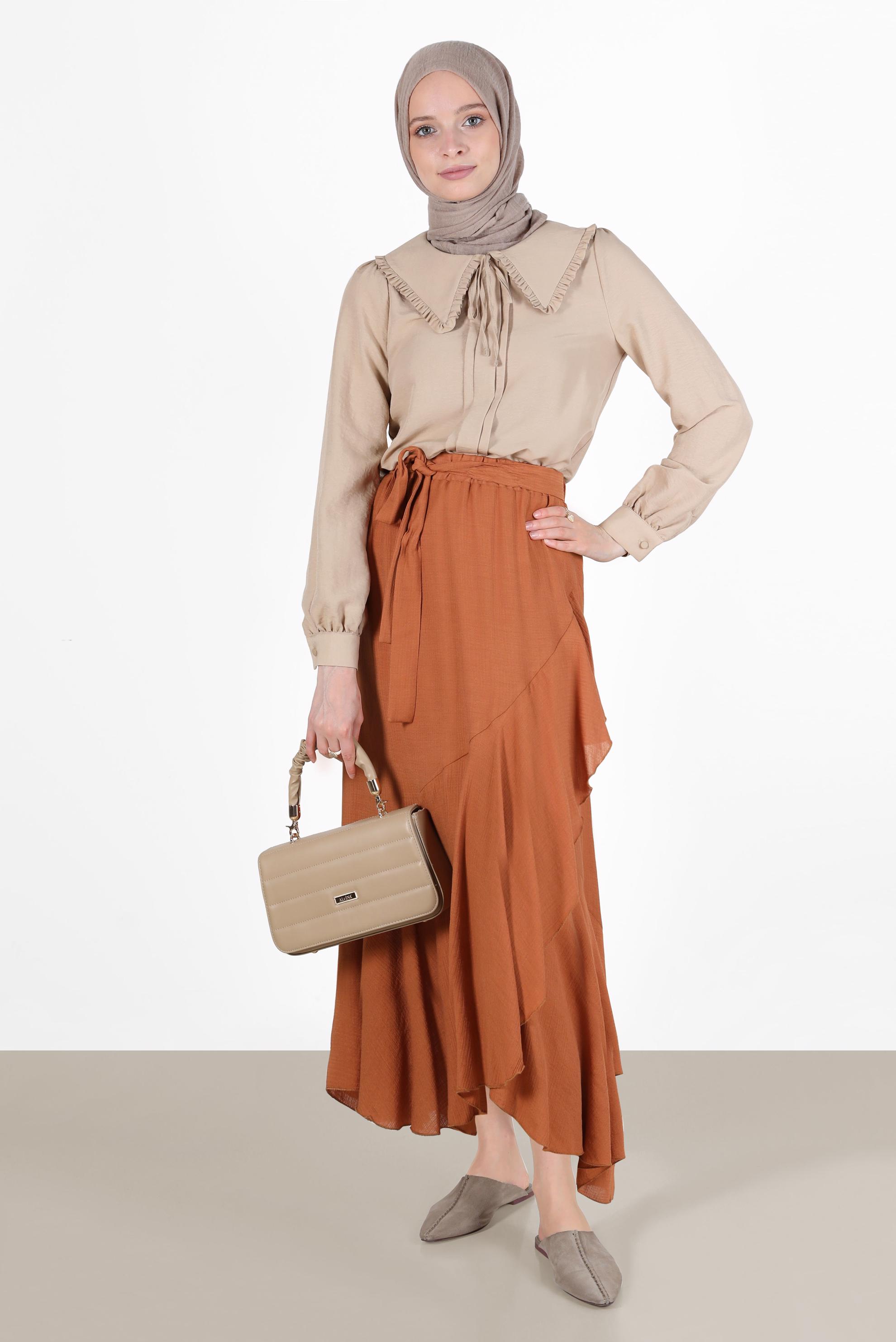 Tesettür giyim KAHVE VOLANLI ETEK 60268 