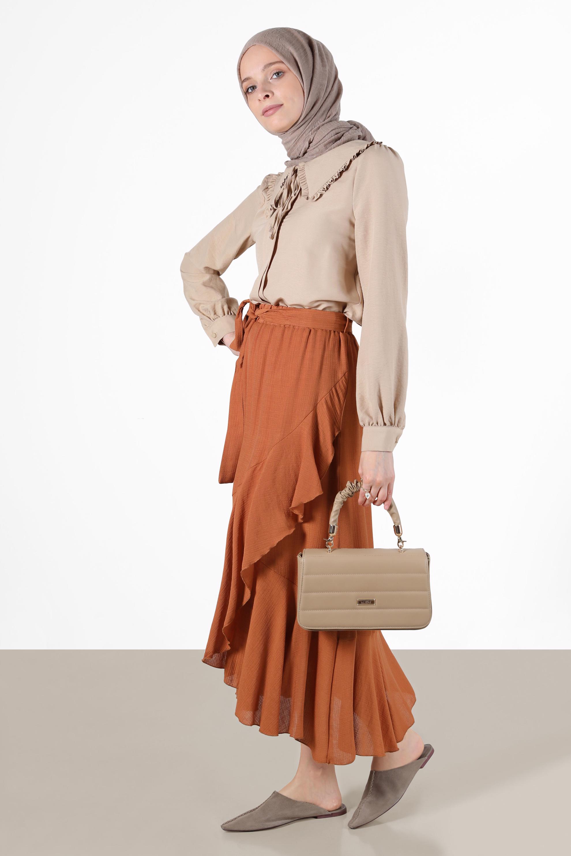 Tesettür giyim KAHVE VOLANLI ETEK 60268 