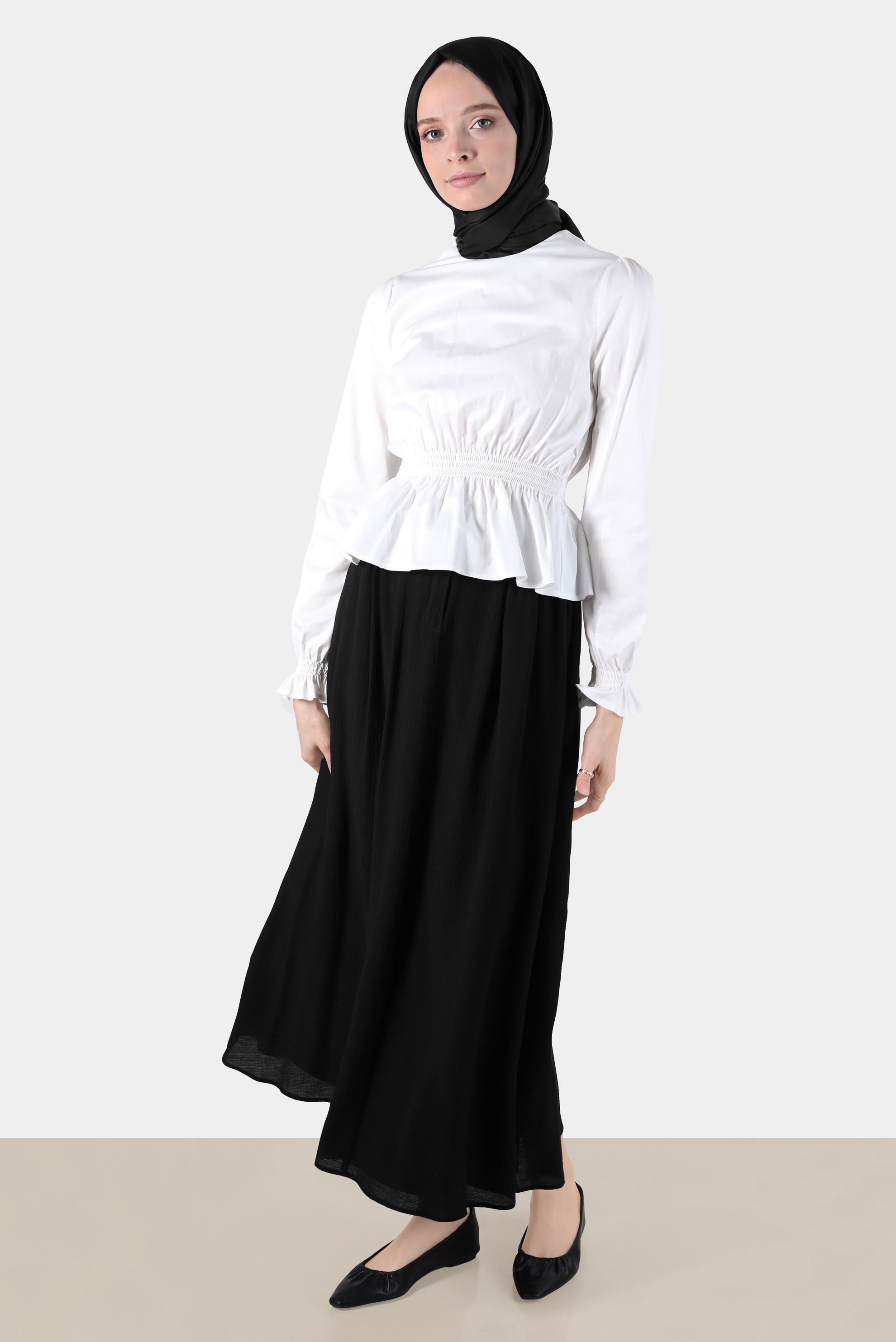 Tesettür giyim SİYAH BELİ BÜZGÜLÜ FERMUARLI DÜĞMELİ ETEK 60269 