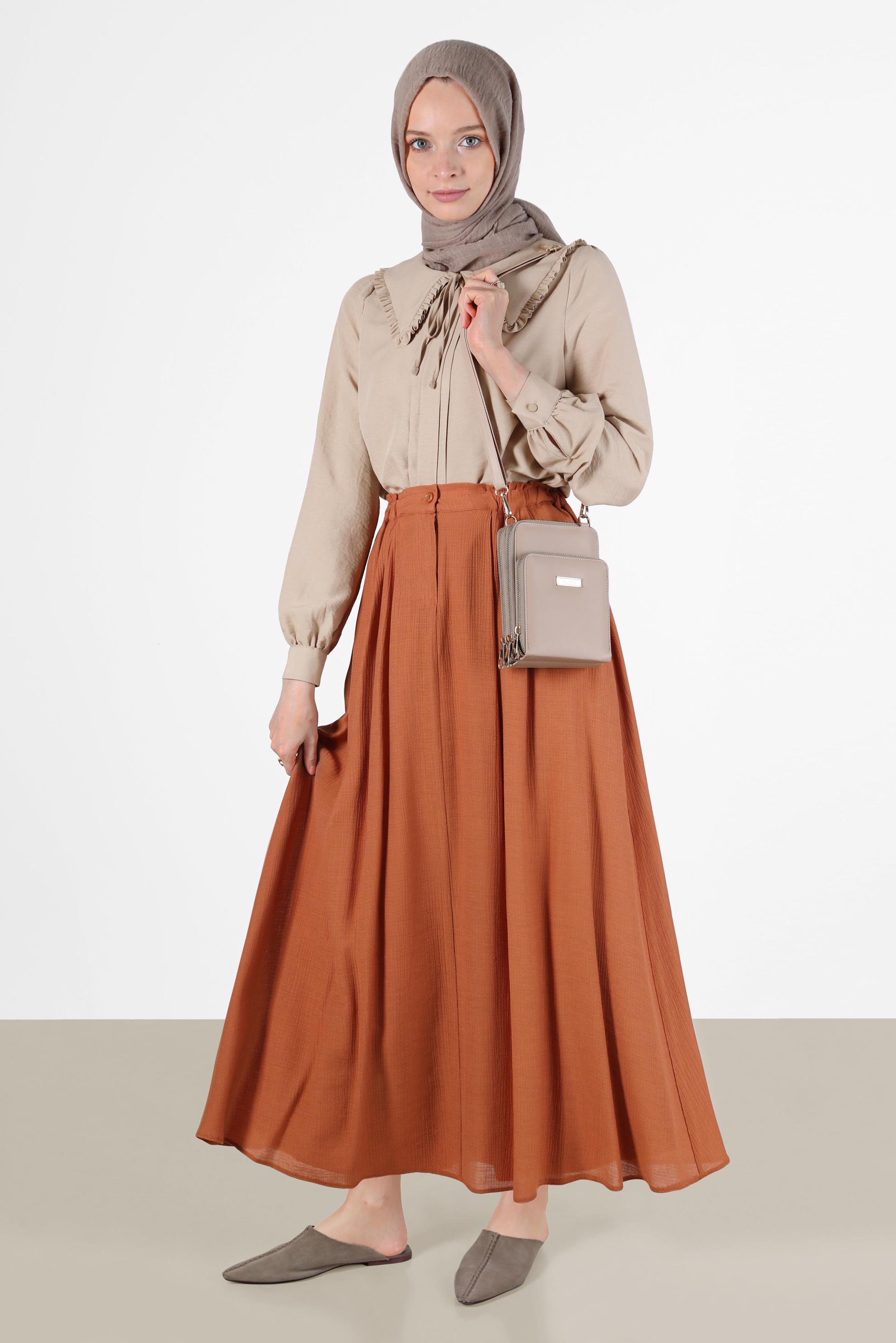 Tesettür giyim KAHVE BELİ BÜZGÜLÜ FERMUARLI DÜĞMELİ ETEK 60269 