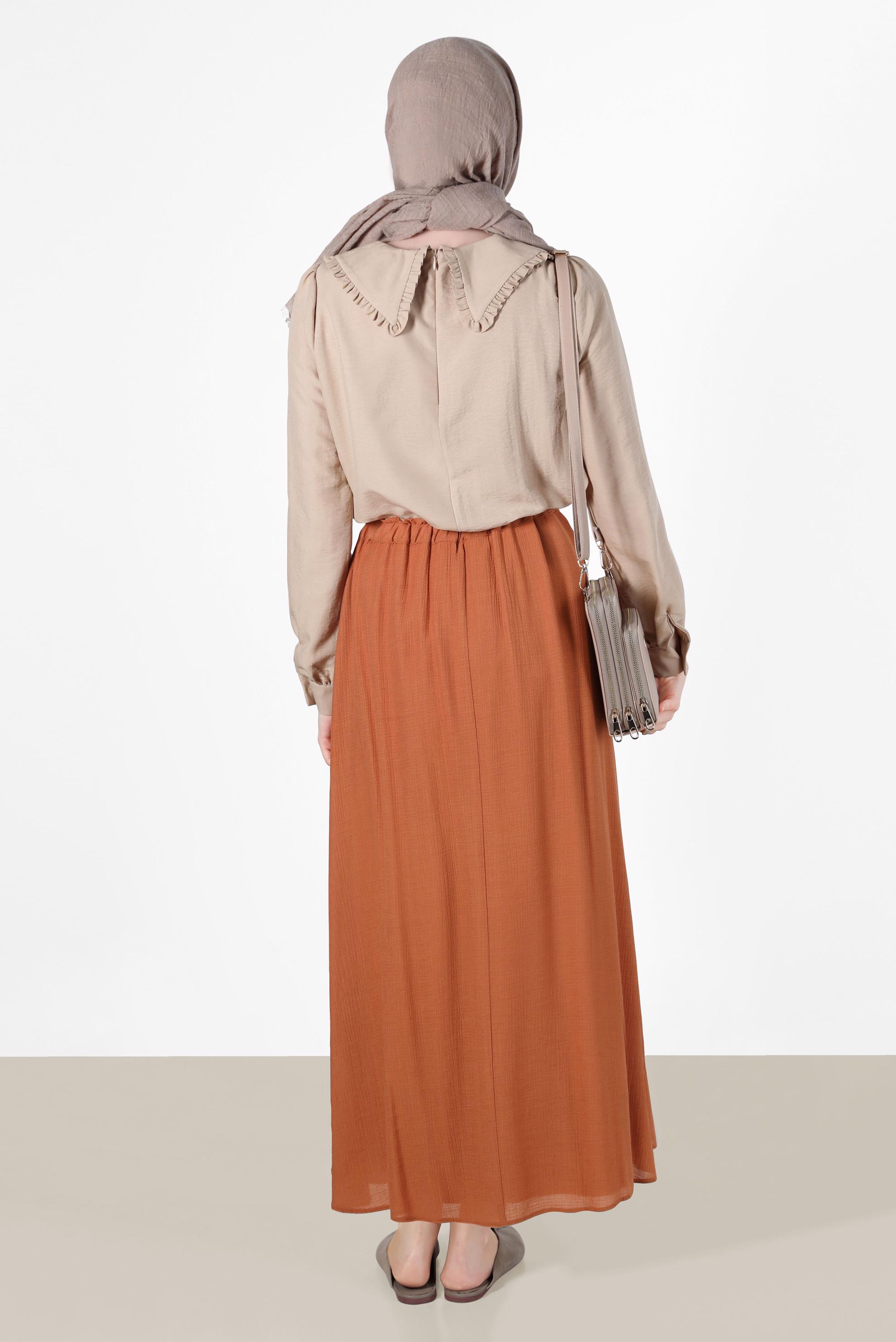 Tesettür giyim KAHVE BELİ BÜZGÜLÜ FERMUARLI DÜĞMELİ ETEK 60269 