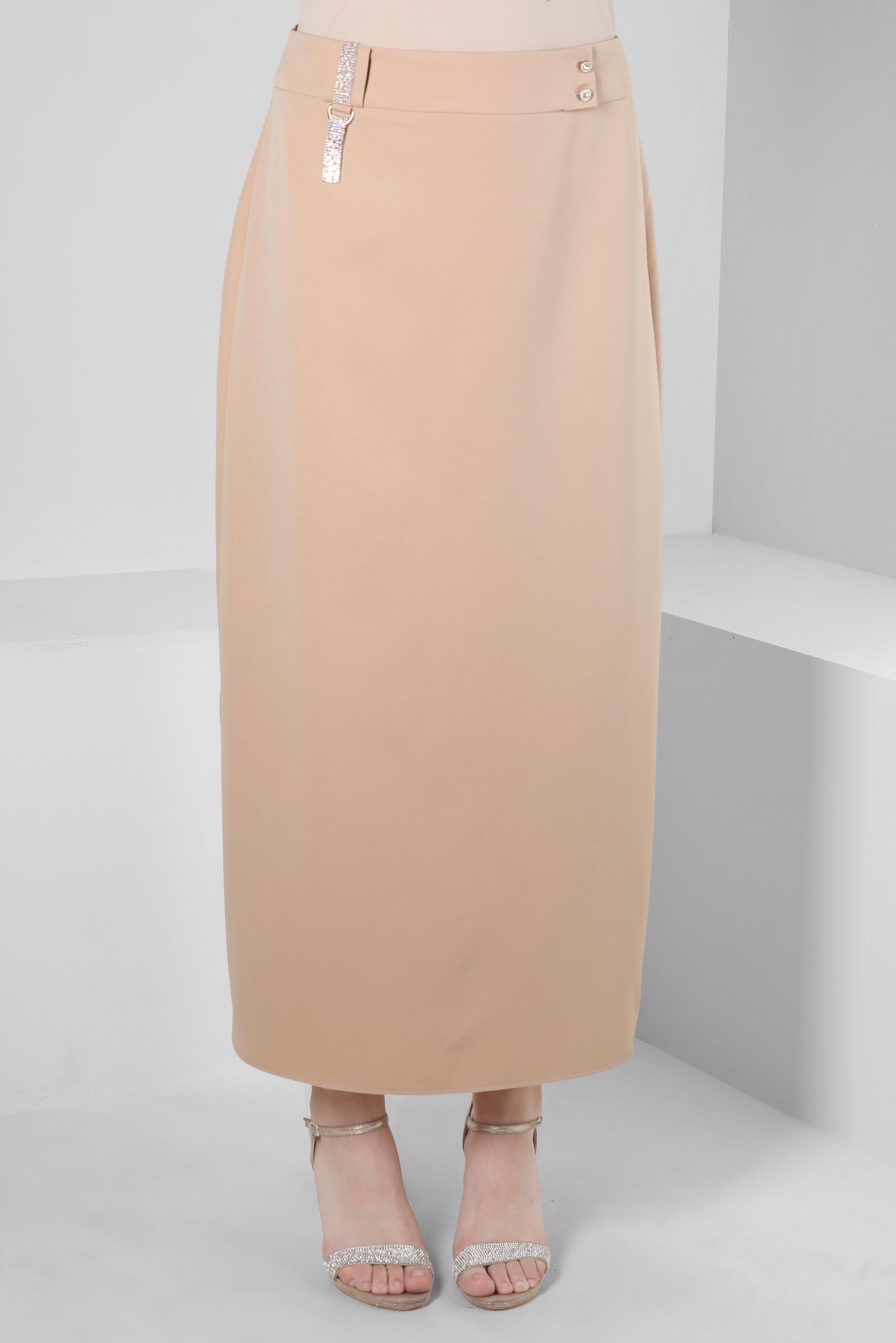 Tesettür giyim BEJ DÜĞME VE TAŞ DETAYLI ETEK 60273 