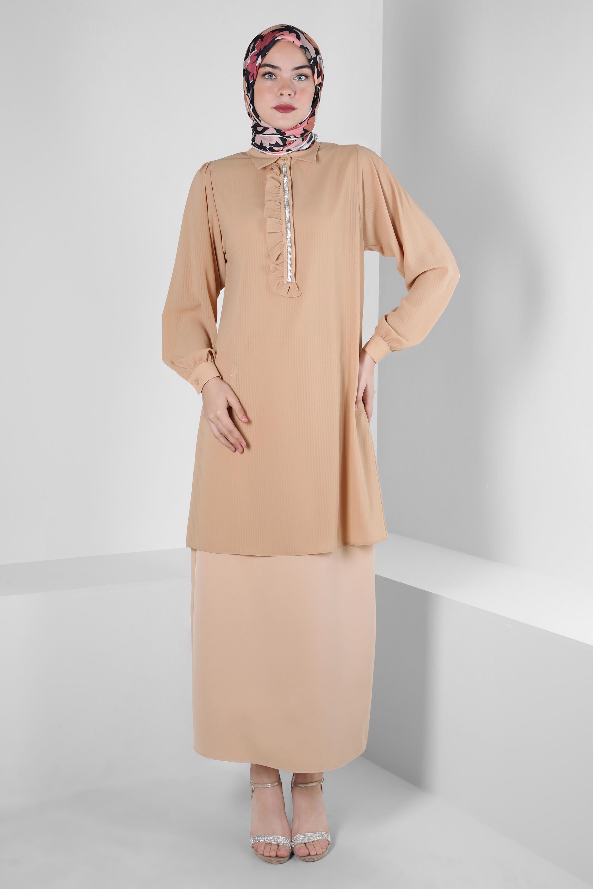 Tesettür giyim BEJ DÜĞME VE TAŞ DETAYLI ETEK 60273 