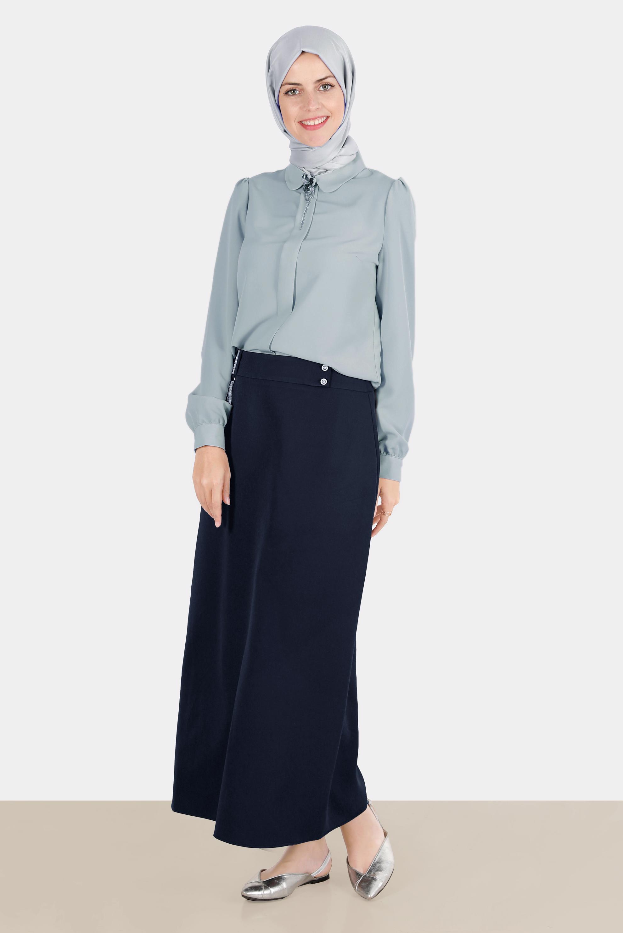 Tesettür giyim LACİVERT DÜĞME VE TAŞ DETAYLI ETEK 60273 