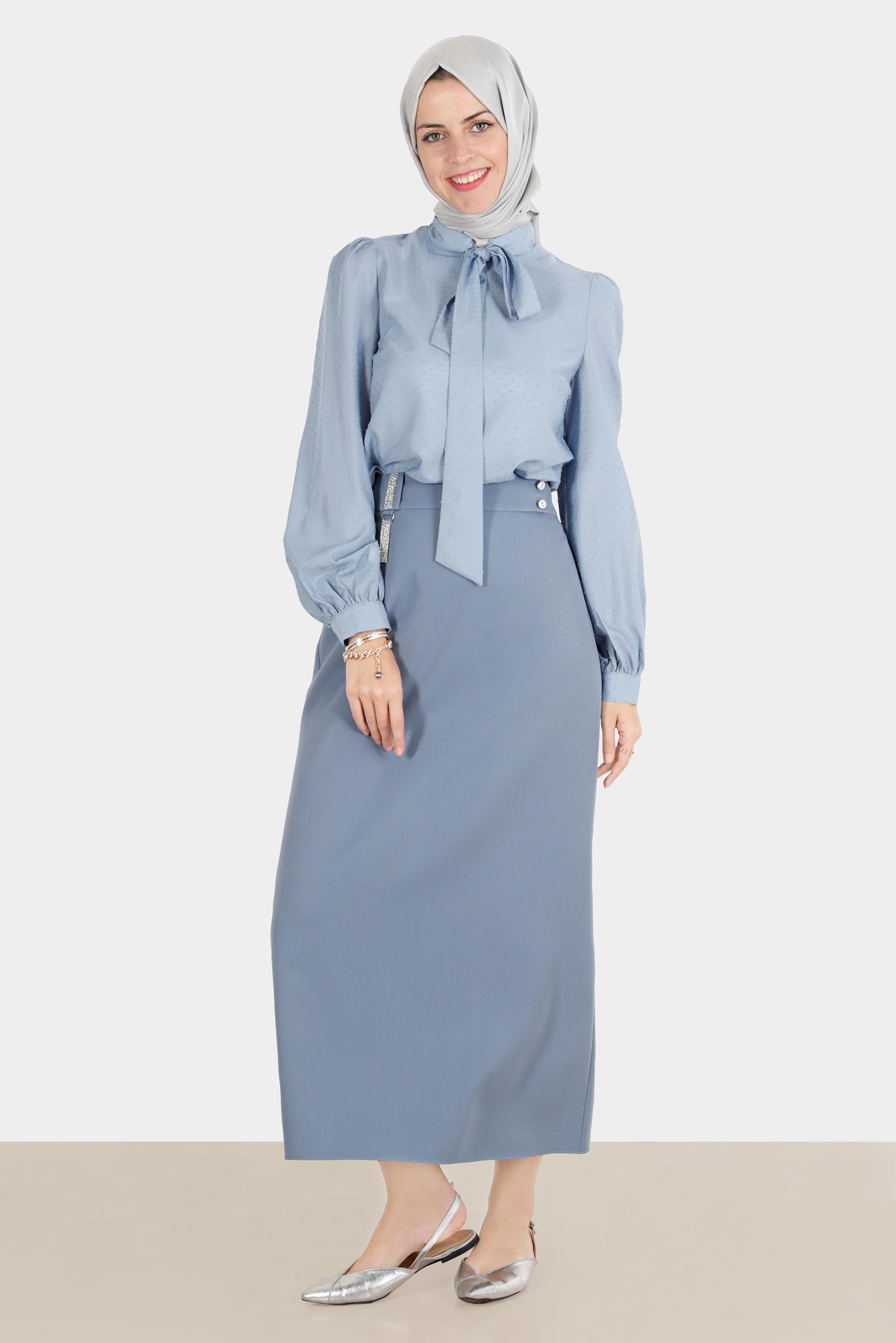 Tesettür giyim MAVİ DÜĞME VE TAŞ DETAYLI ETEK 60273 