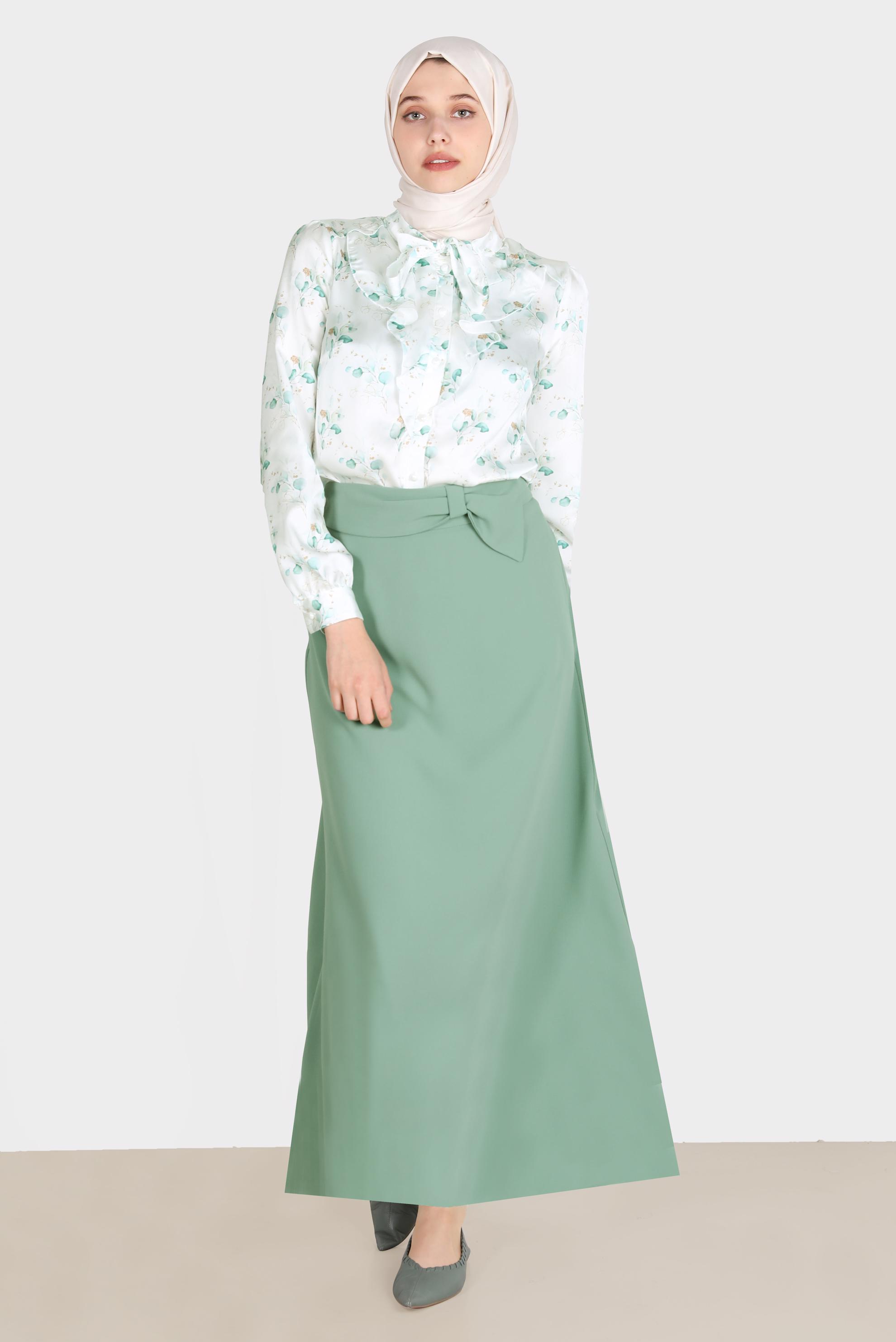 Tesettür giyim YEŞİL FİYONK DETAYLI ETEK 60275 