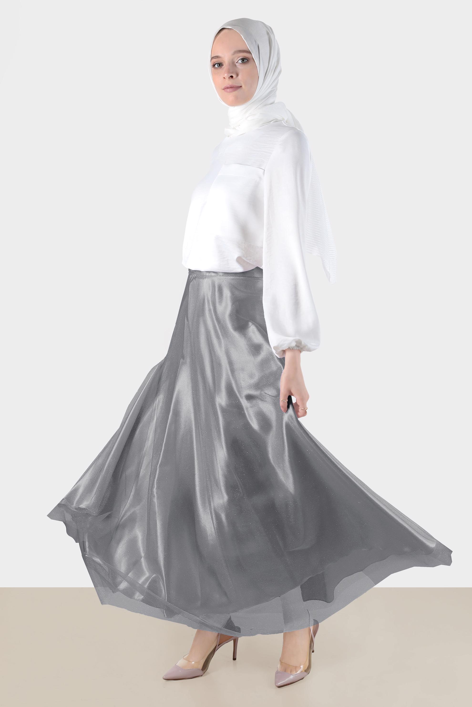 Tesettür giyim GRİ PARLAK TÜLLÜ ETEK 60279 