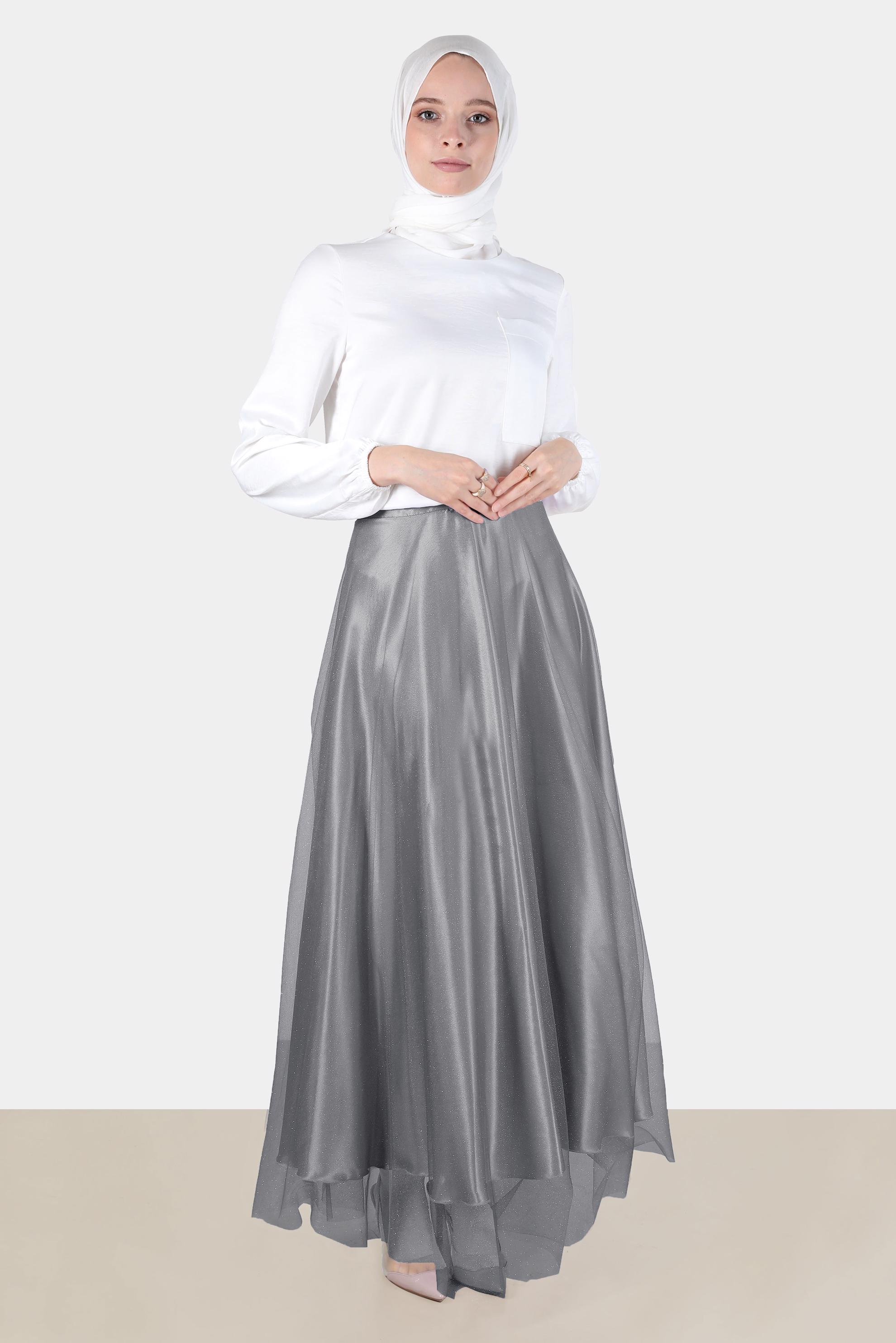 Tesettür giyim GRİ PARLAK TÜLLÜ ETEK 60279 