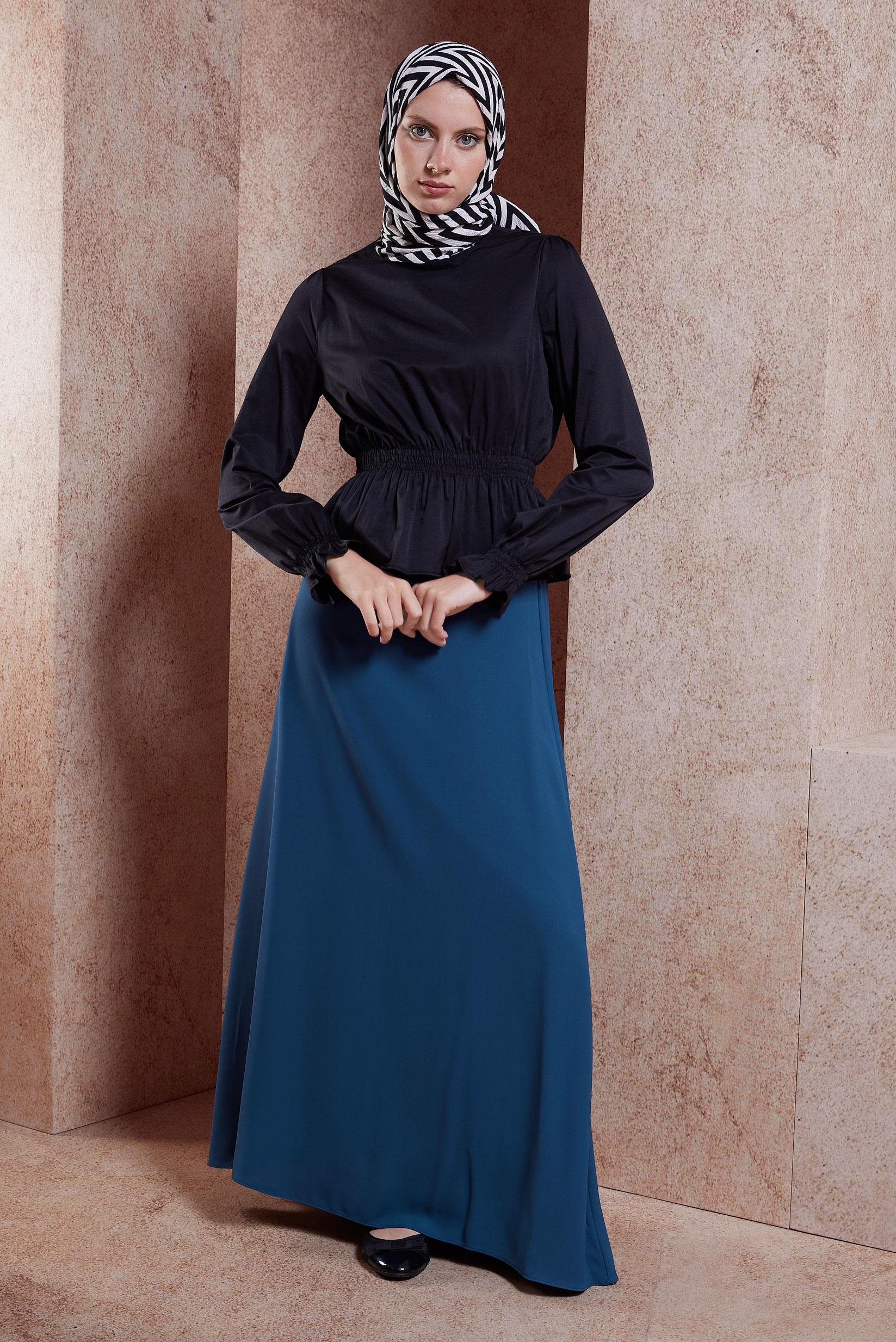 Tesettür giyim LACİVERT BELİ LASTİKLİ UZUN ETEK 60280