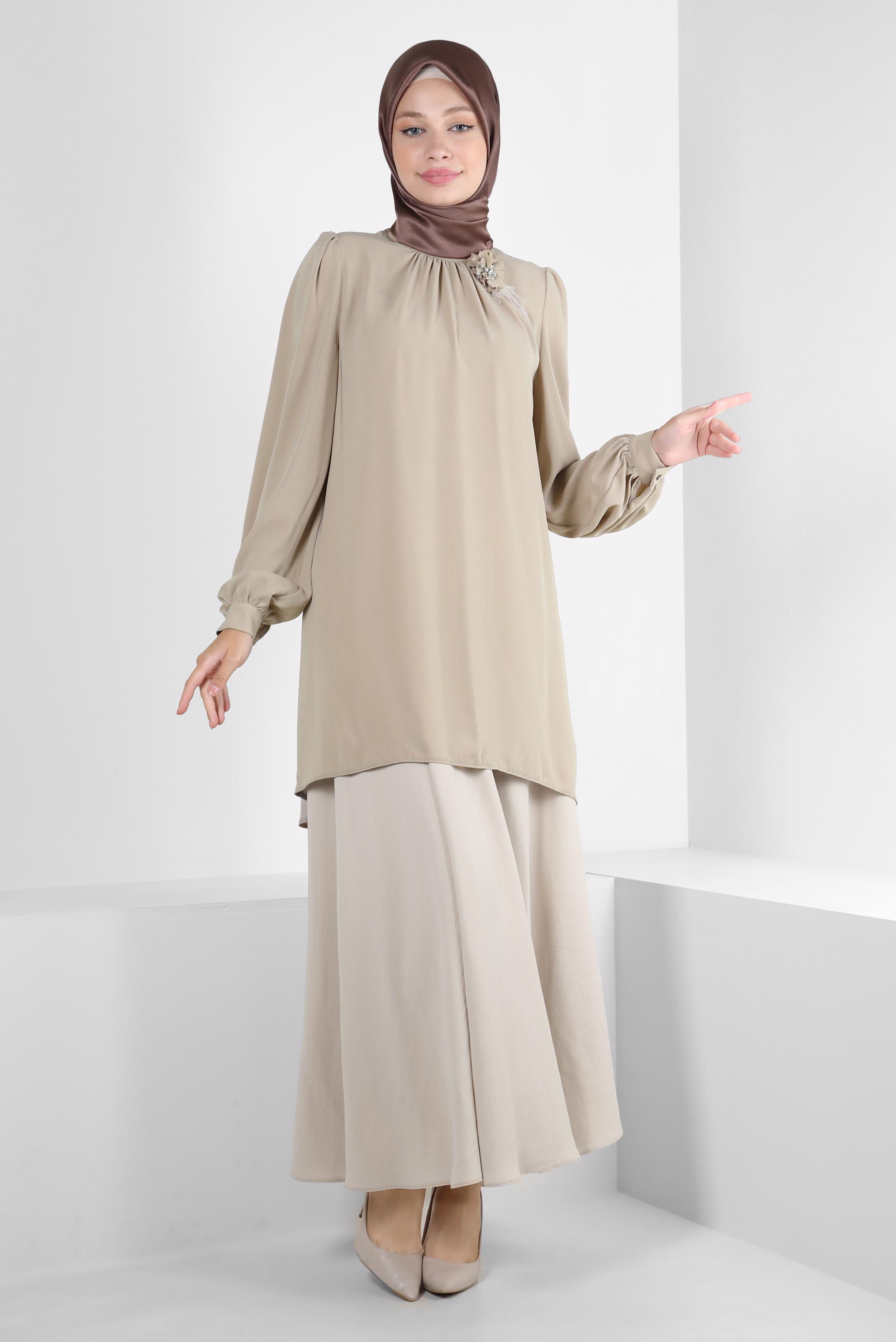 Tesettür giyim BEJ KEMERLİ ETEK 60289 