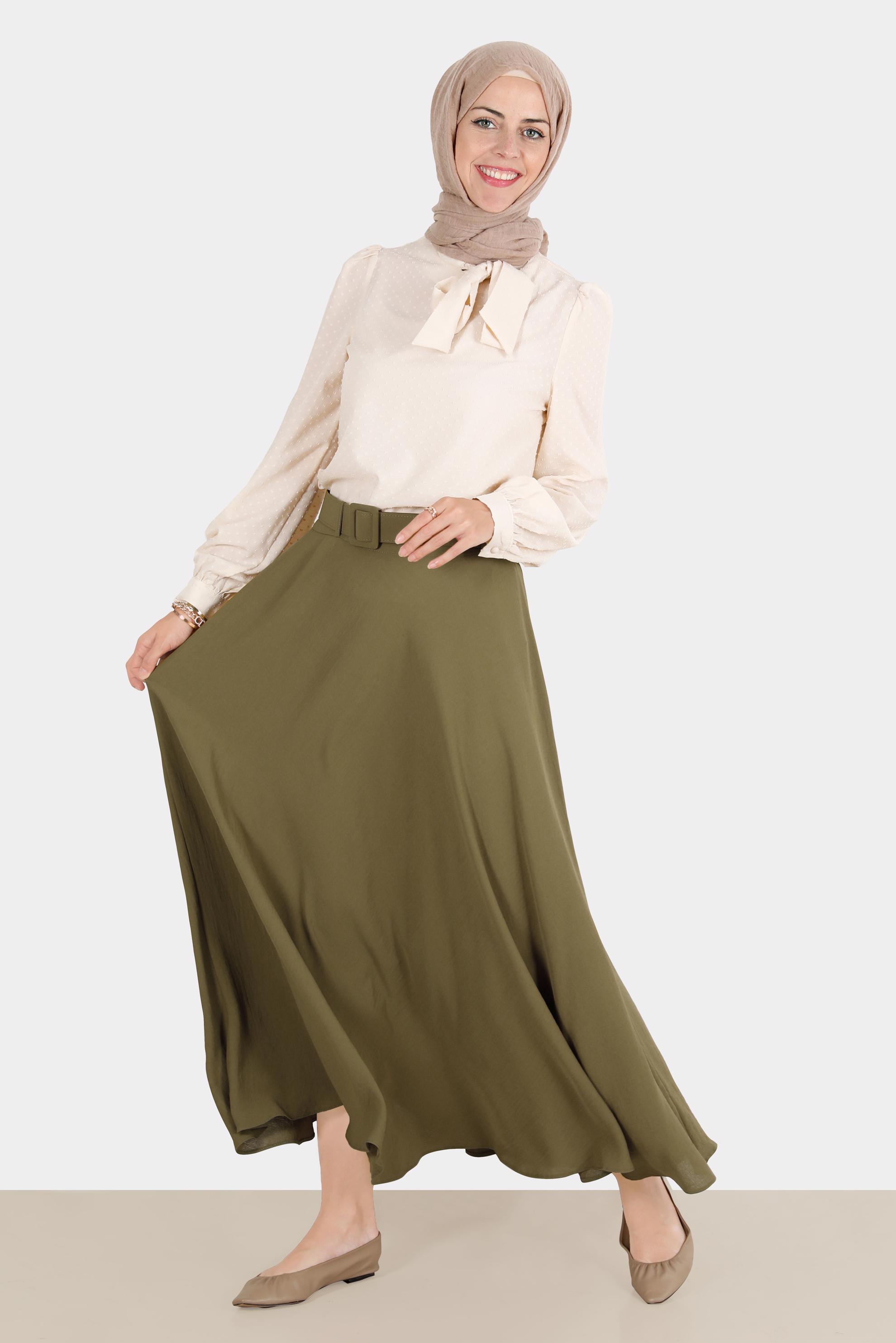 Tesettür giyim YEŞİL KEMERLİ ETEK 60289 