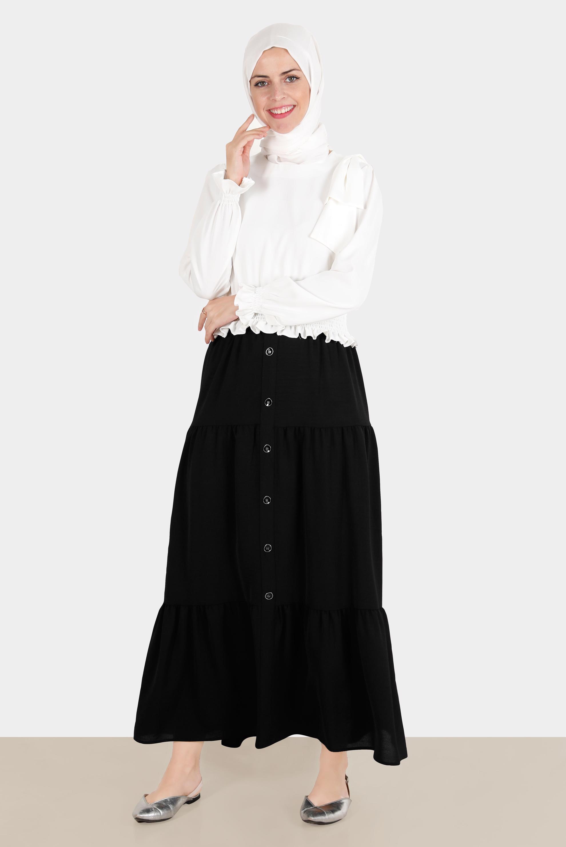 Tesettür giyim SİYAH DÜĞME AKSESUARLI KATLI ETEK 60291 