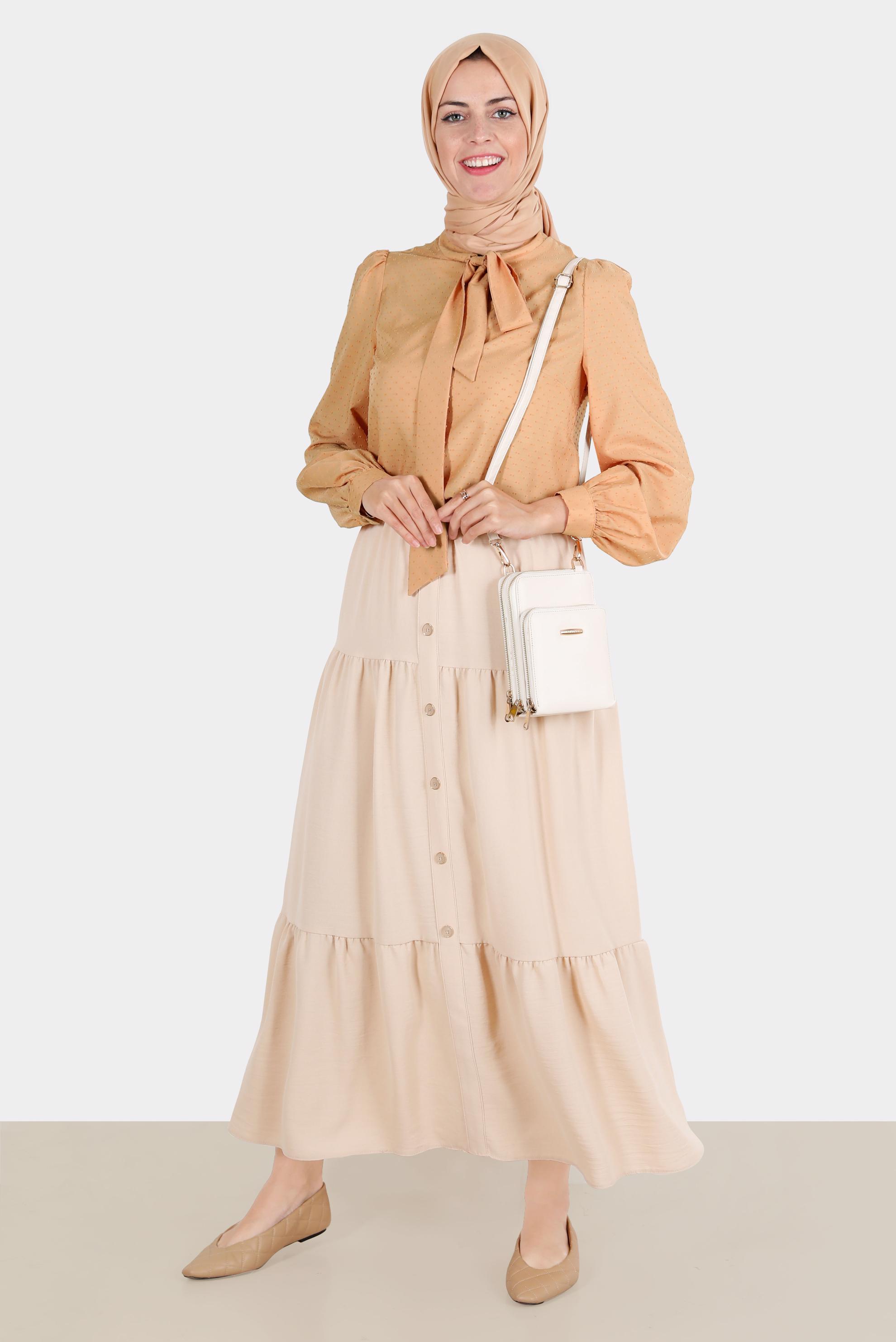 Tesettür giyim BEJ DÜĞME AKSESUARLI KATLI ETEK 60291 