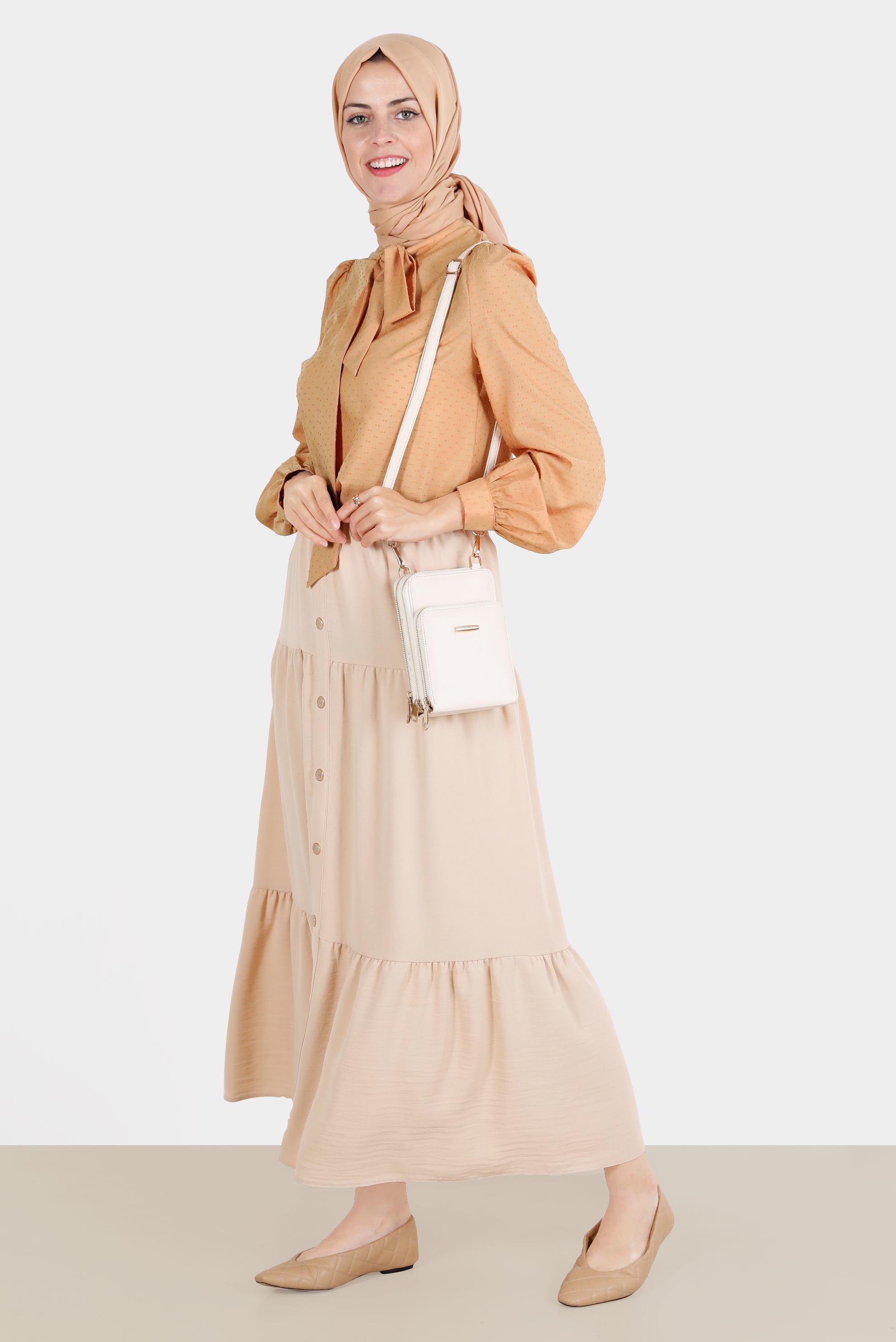 Tesettür giyim BEJ DÜĞME AKSESUARLI KATLI ETEK 60291 