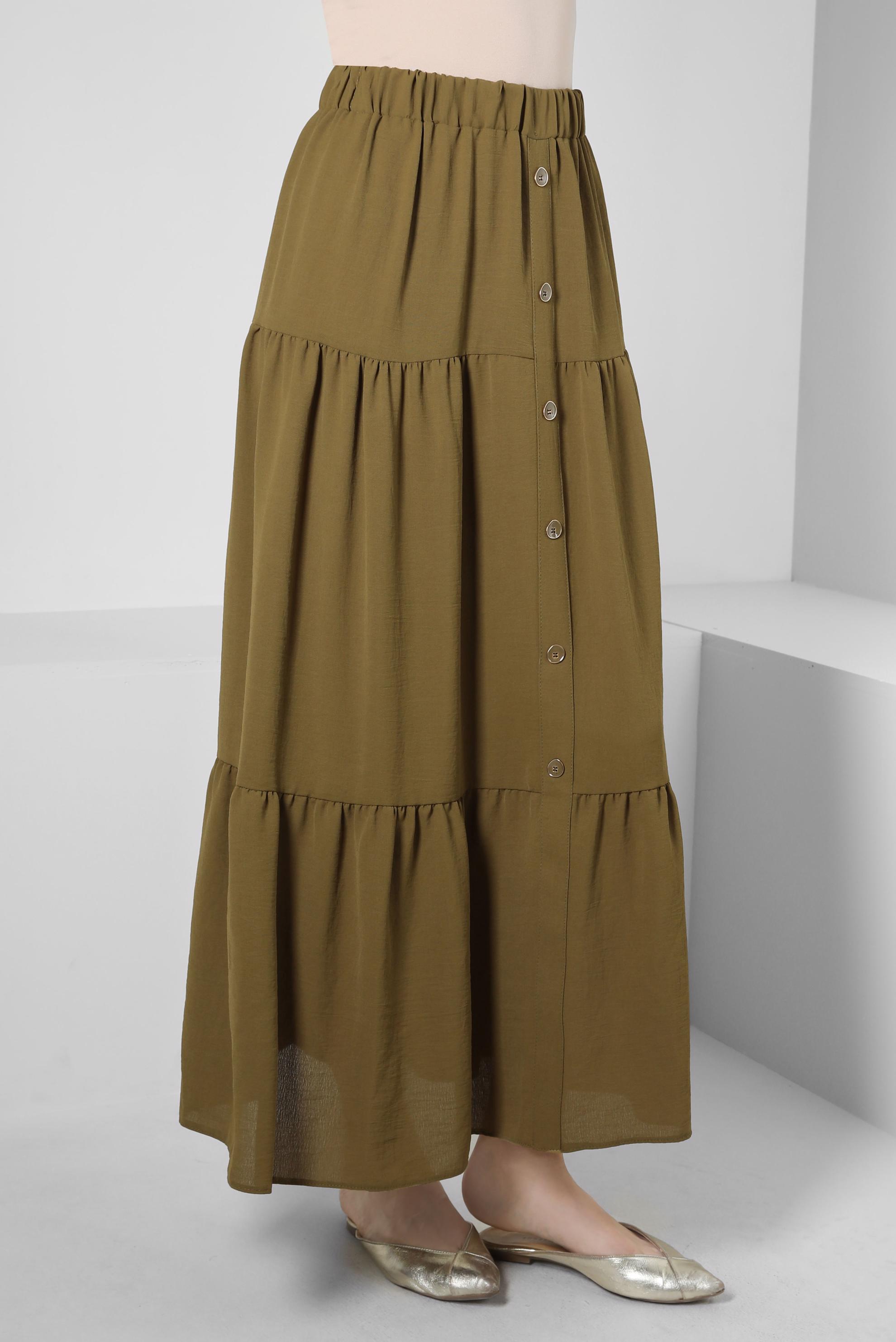 Tesettür giyim YEŞİL DÜĞME AKSESUARLI KATLI ETEK 60291 