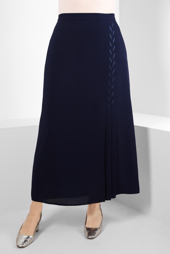 Vêtements hijab BLEU MARINE JUPE À DÉTAILS PLIS AVEC GEM BRODÉ 60292 - ALVİNA