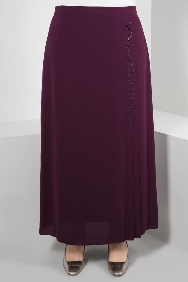 Tesettür giyim MÜRDÜM TAŞ BASKILI PİLİSE DETAYLI ETEK 60292 - ALVİNA