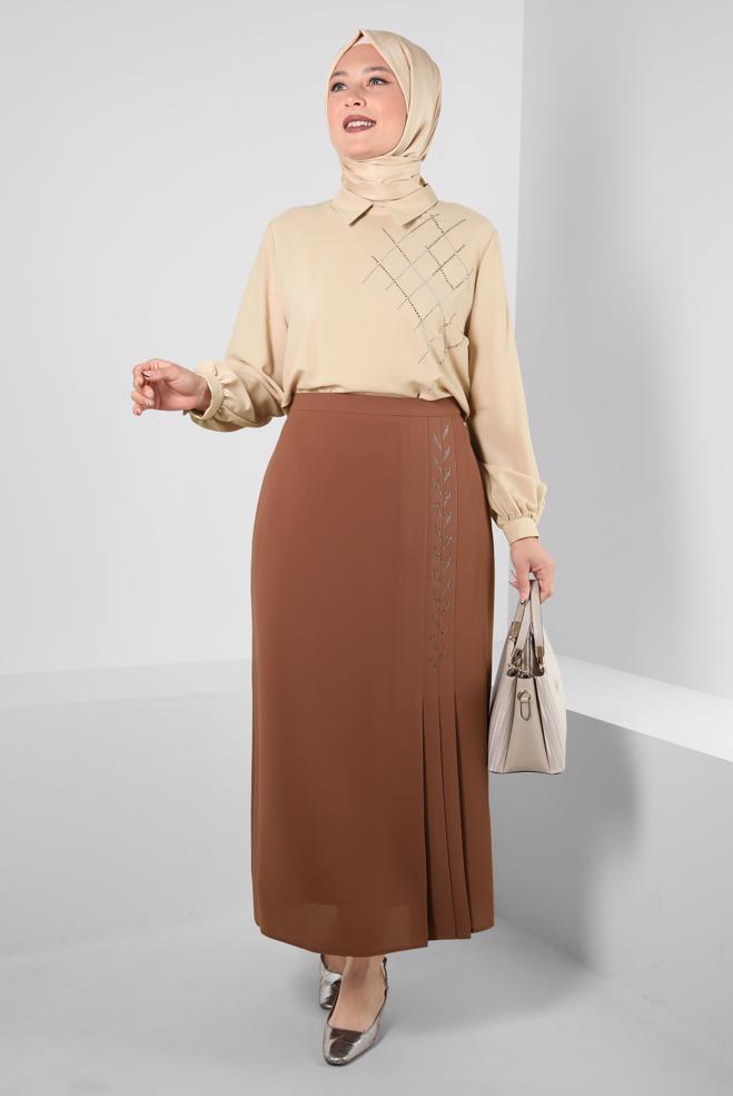 Vêtements hijab TABA JUPE À DÉTAILS PLIS AVEC GEM BRODÉ 60292 - ALVİNA