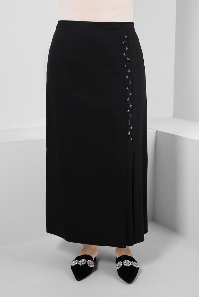 Vêtements hijab NOIR JUPE À DÉTAILS PLIS AVEC GEM BRODÉ 60293 - ALVİNA