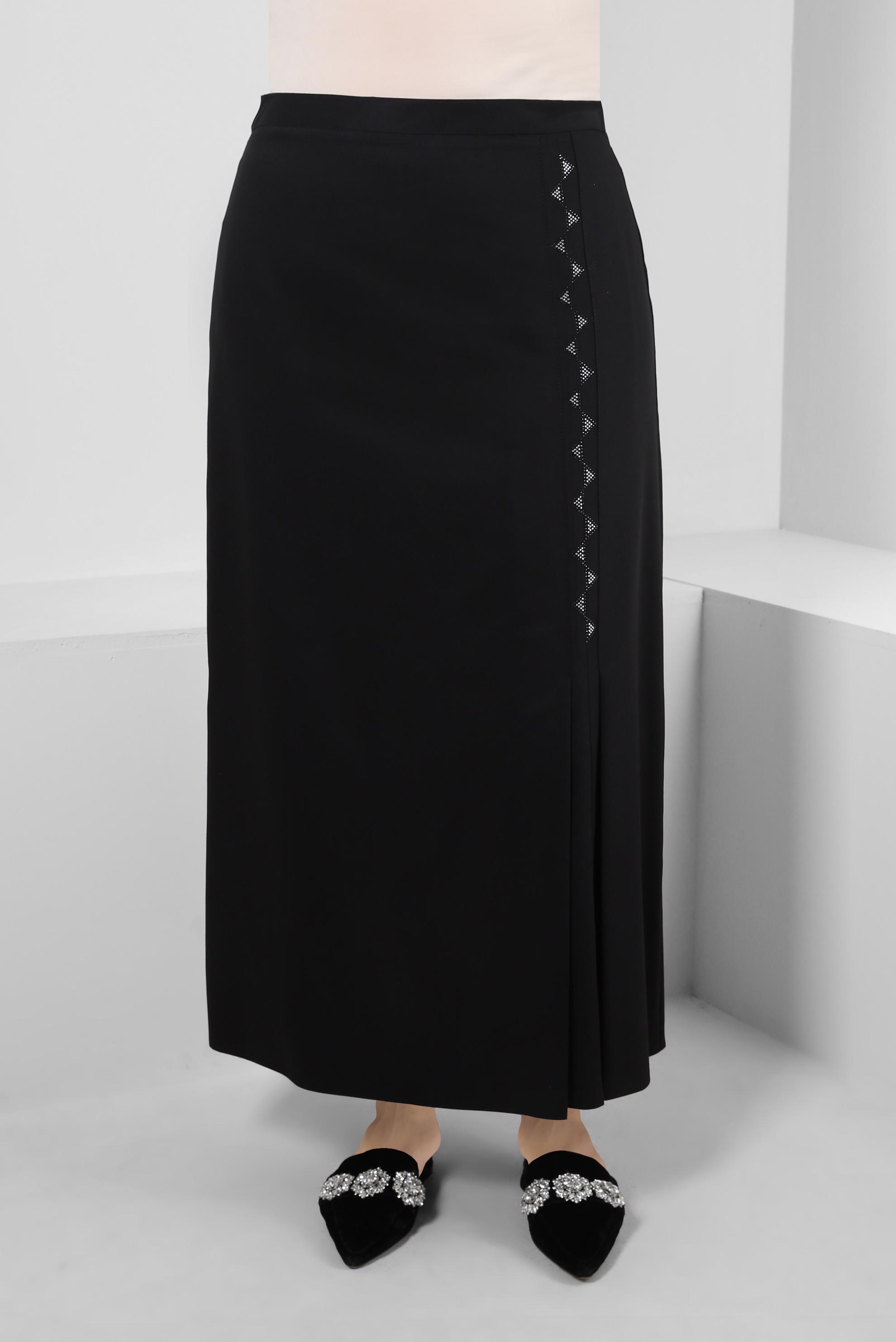 Vêtements hijab NOIR JUPE À DÉTAILS PLIS AVEC GEM BRODÉ 60293