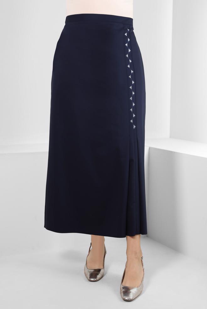 Tesettür giyim LACİVERT PİLİSE DETAYLI TAŞ BASKILI ETEK 60293 - ALVİNA